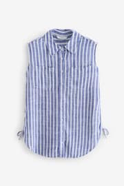 Blue/White Stripe Sleeveless Ruched Side Linen Blend Shirt - Image 5 of 6