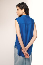 Cobalt Blue Sleeveless Ruched Side Linen Blend Shirt - Image 2 of 6