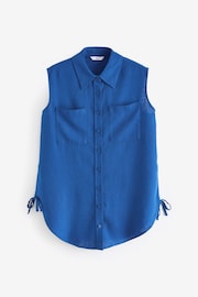 Cobalt Blue Sleeveless Ruched Side Linen Blend Shirt - Image 5 of 6