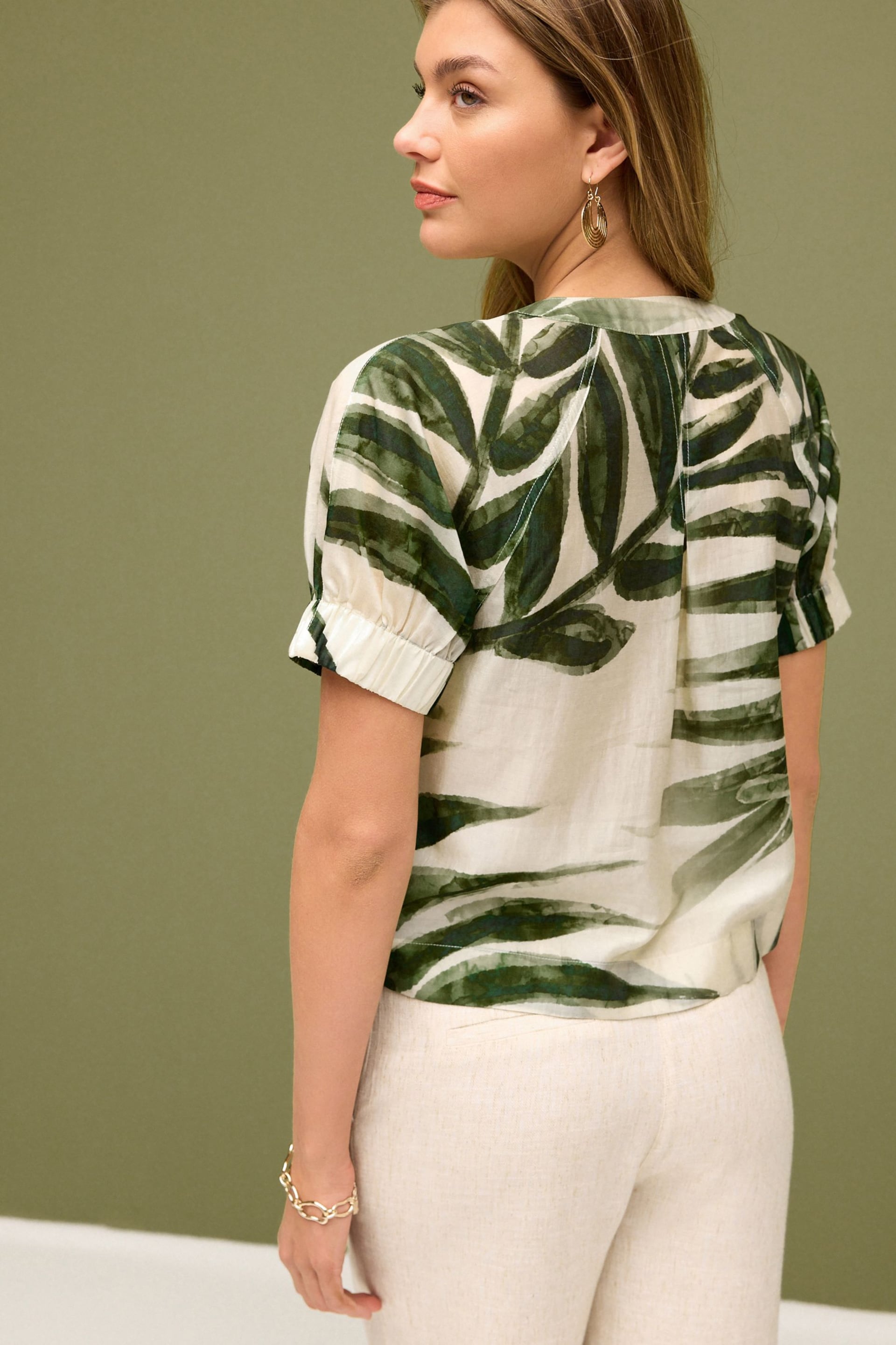 Green Leaf Print Short Sleeve V-Neck Buttoned Front Blouse - Image 3 of 6