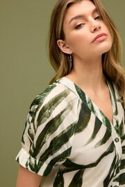 Green Leaf Print Short Sleeve V-Neck Buttoned Front Blouse - Image 4 of 6