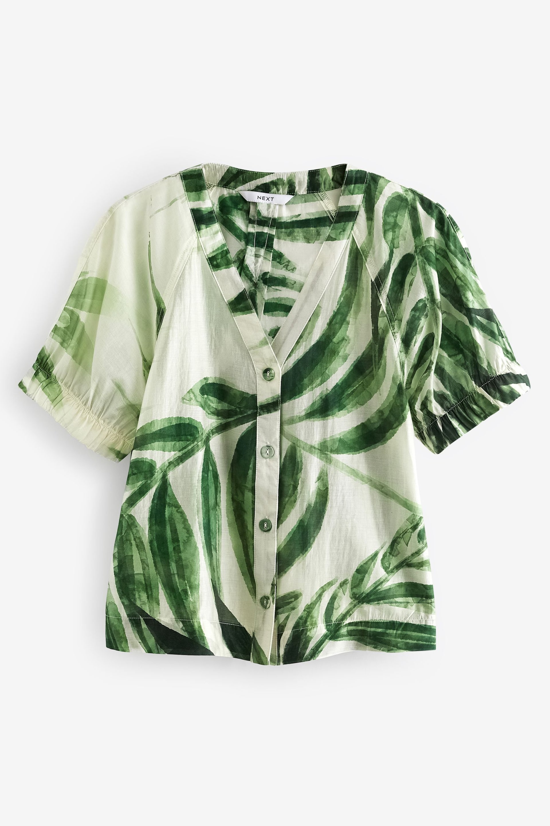 Green Leaf Print Short Sleeve V-Neck Buttoned Front Blouse - Image 5 of 6