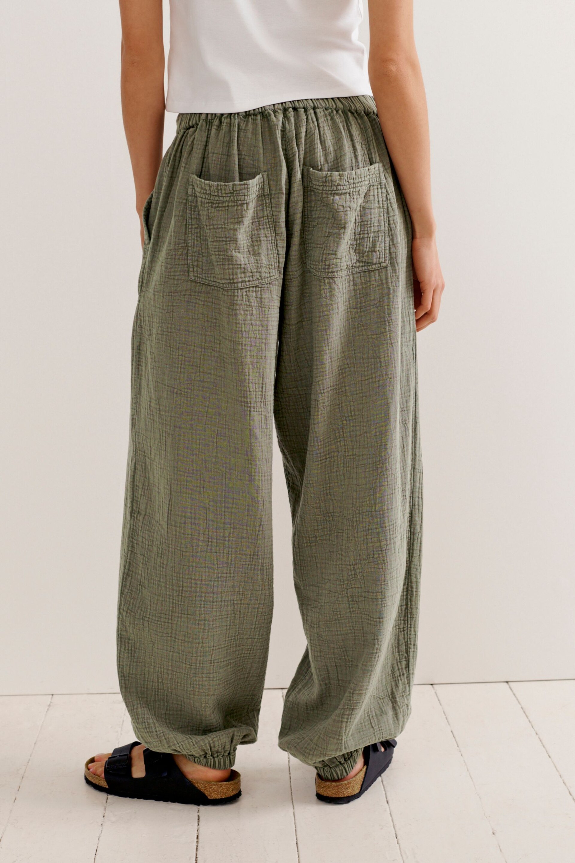 Khaki Green Textured Cotton Pull On Trousers - Image 4 of 7
