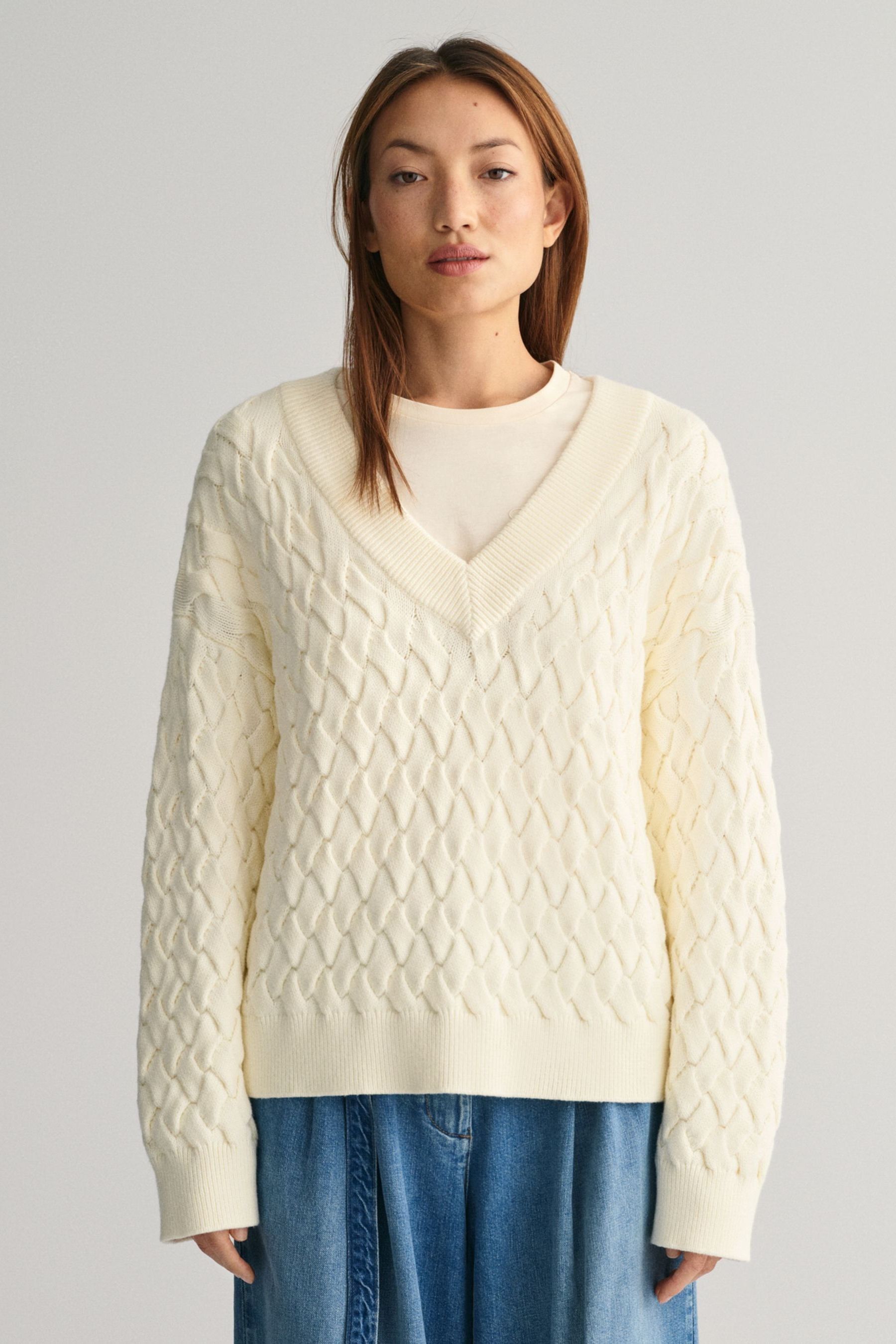 Buy GANT Cream Textured Cotton V Neck Jumper from Next Luxembourg