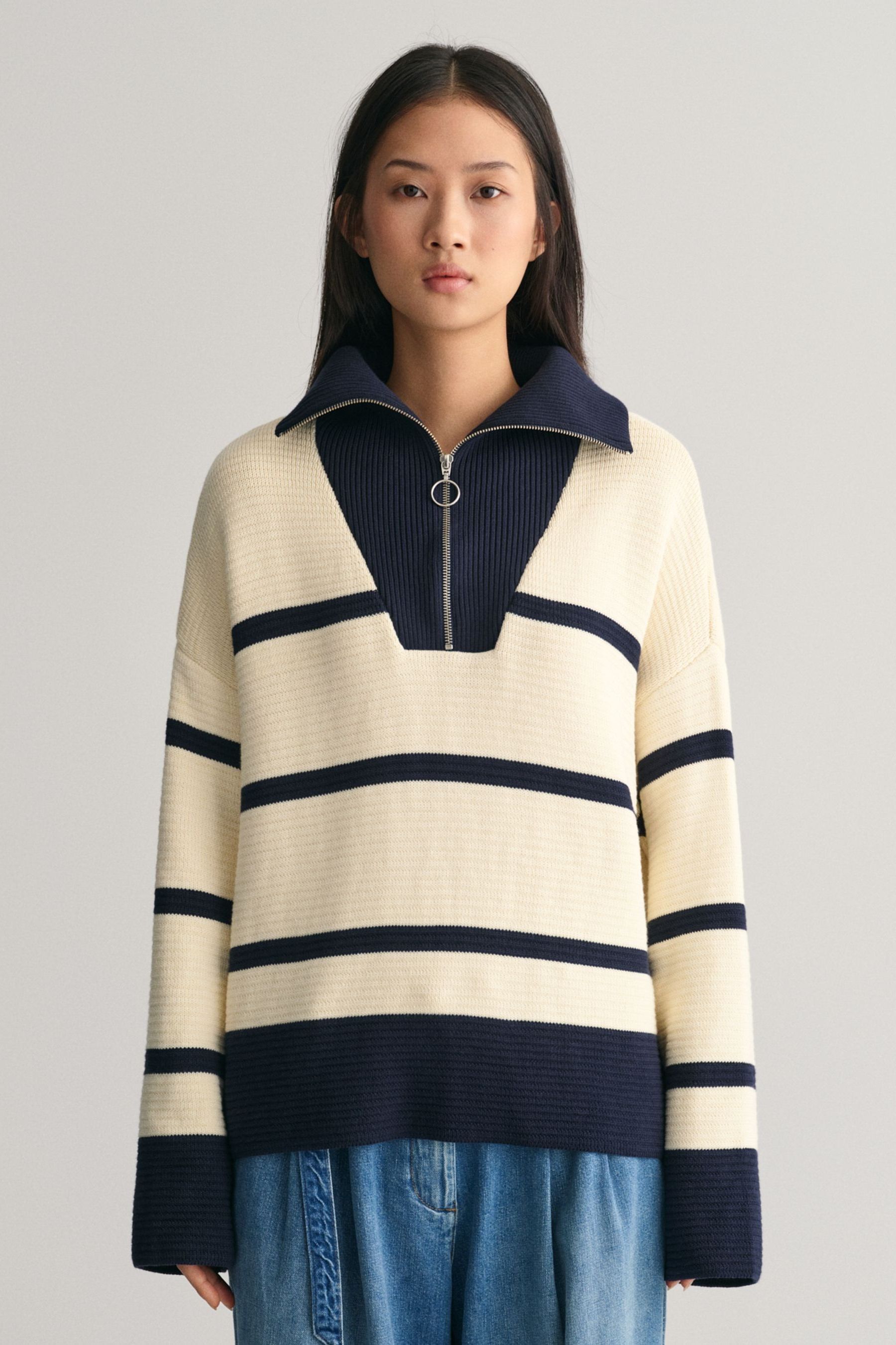 Buy GANT Cream Breton Striped Half Zip Jumper from Next Luxembourg