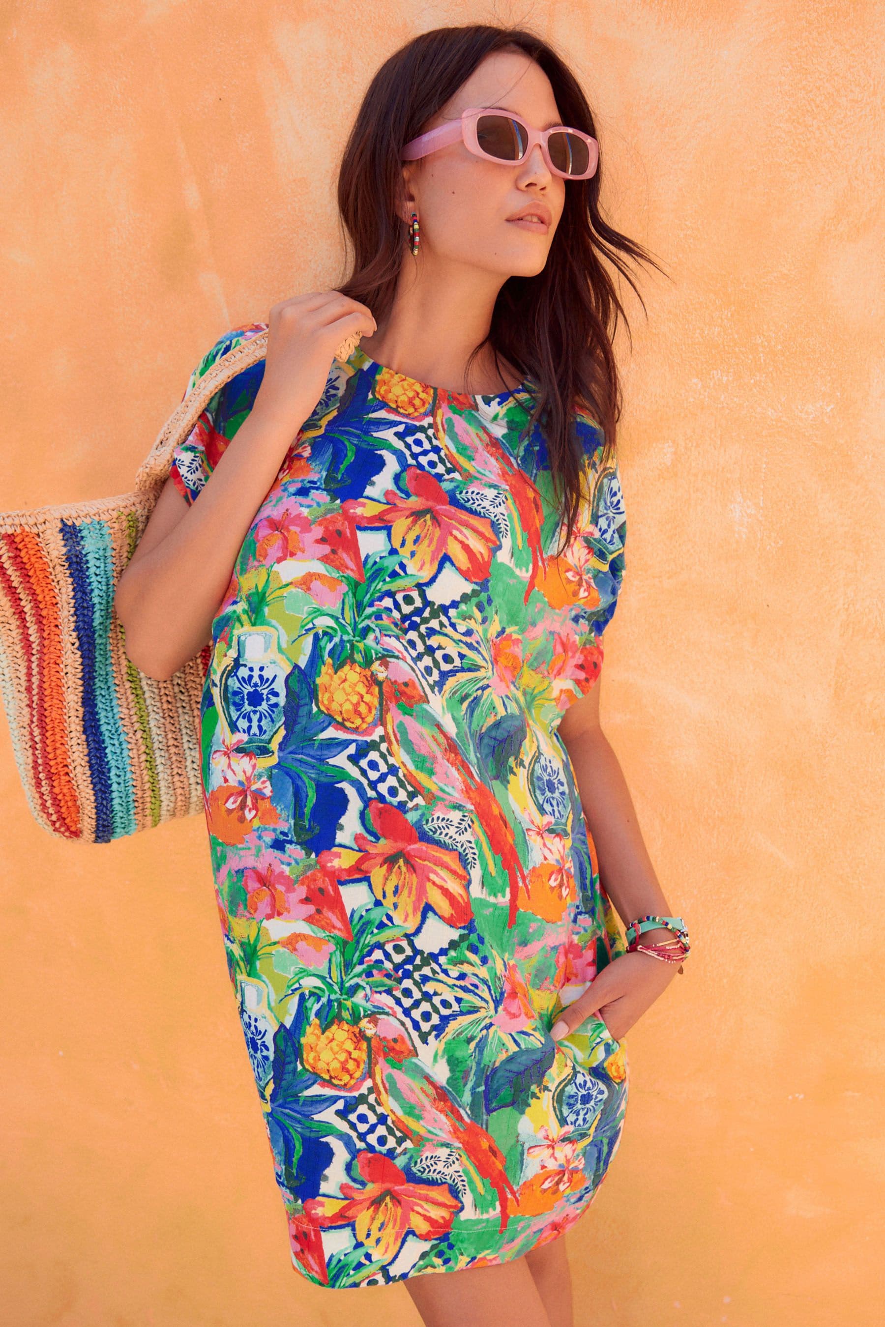 Buy Tropical Print Gathered Short Sleeve Textured Boxy Mini Dress from Next Luxembourg
