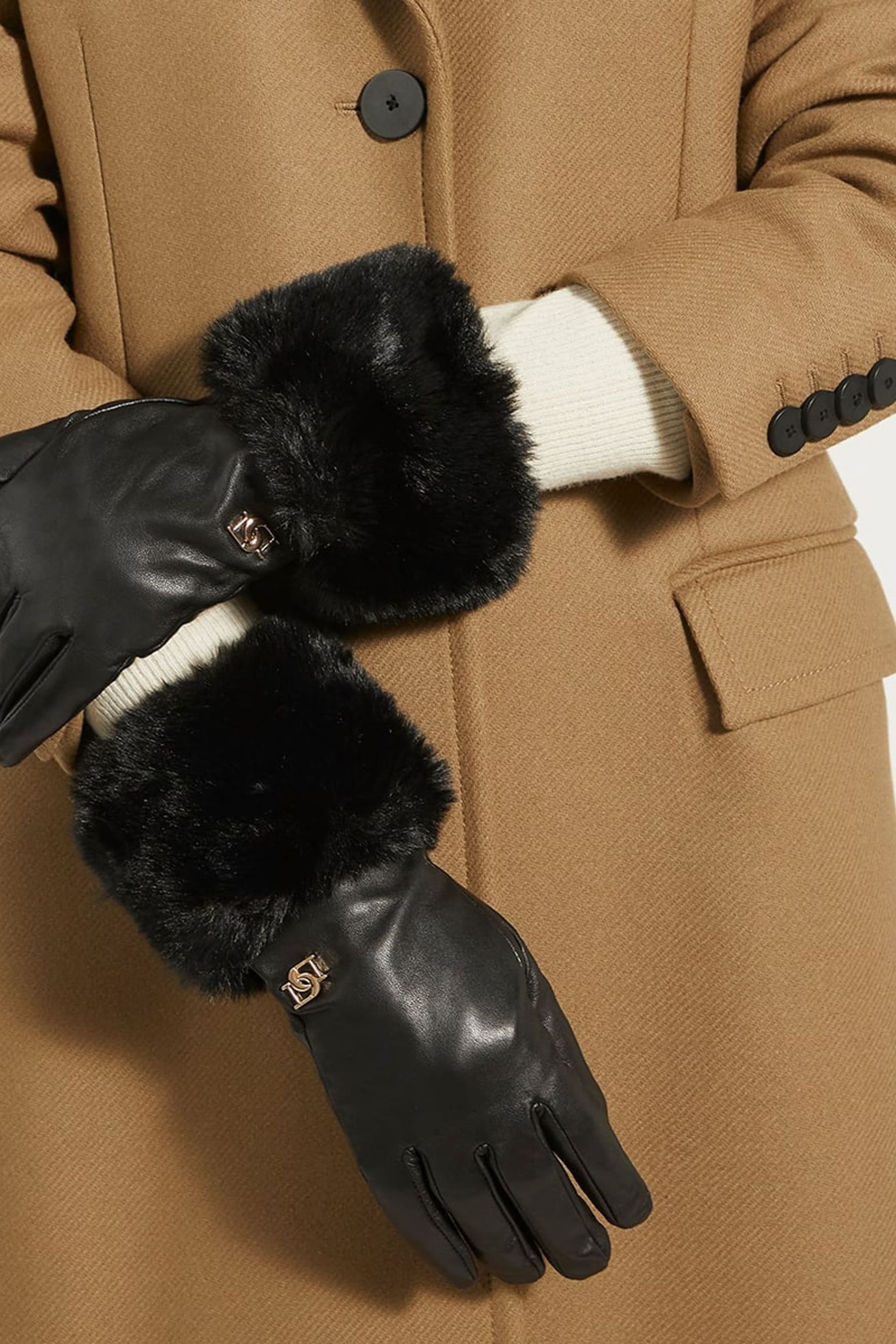 Dune London Black Islingtons Leather Faux Fur Cuff Gloves - Image 2 of 3