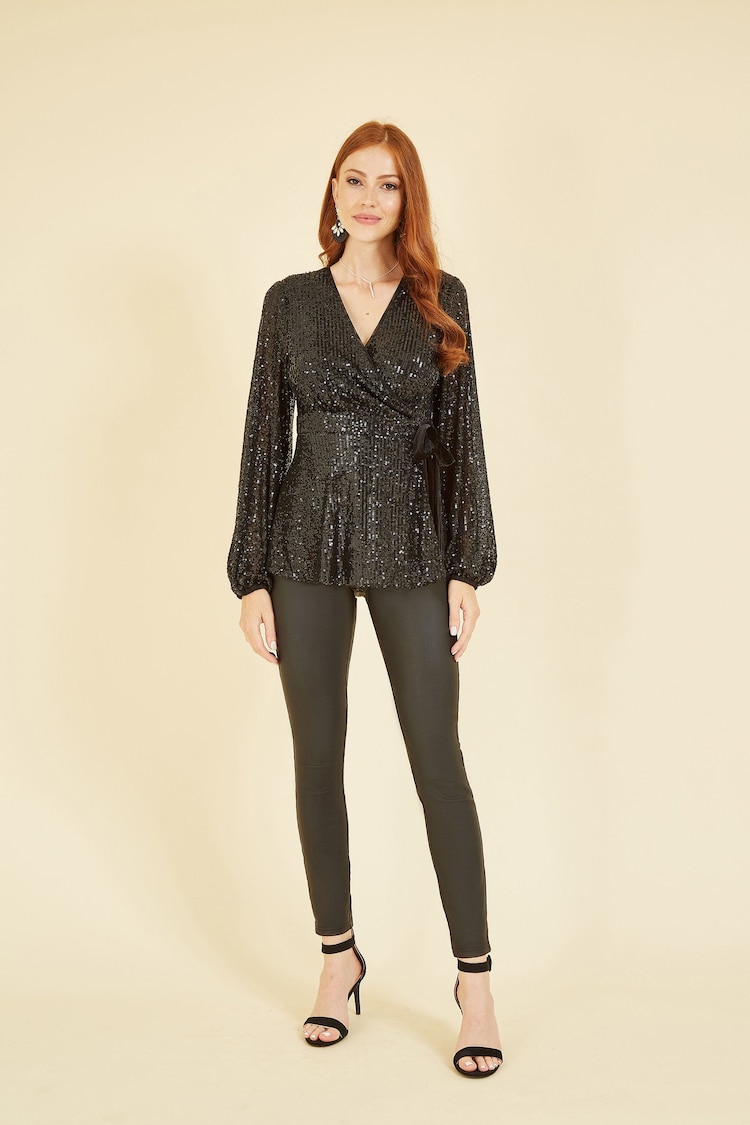 Yumi Black Sequin Wrap Top With Velvet Tie - Image 2 of 3