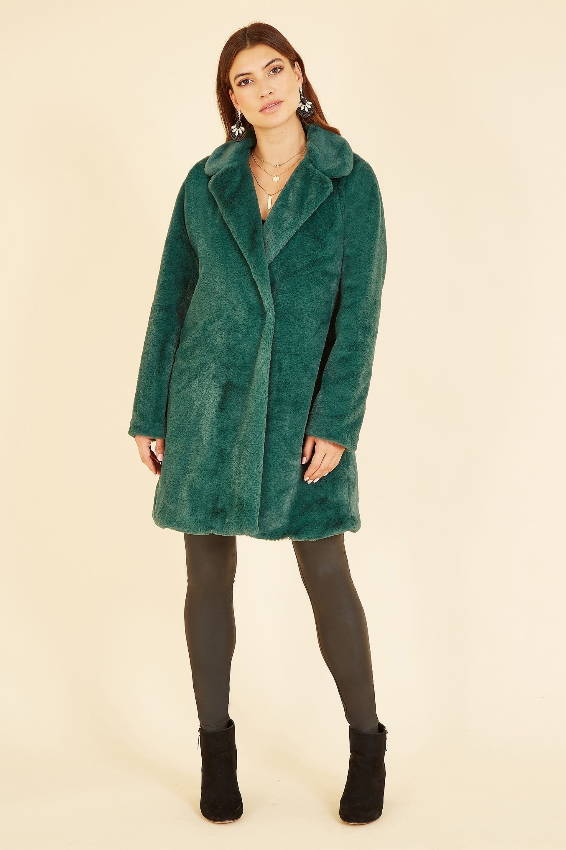 Yumi Green Velvet Faux Fur Coat - Image 2 of 5