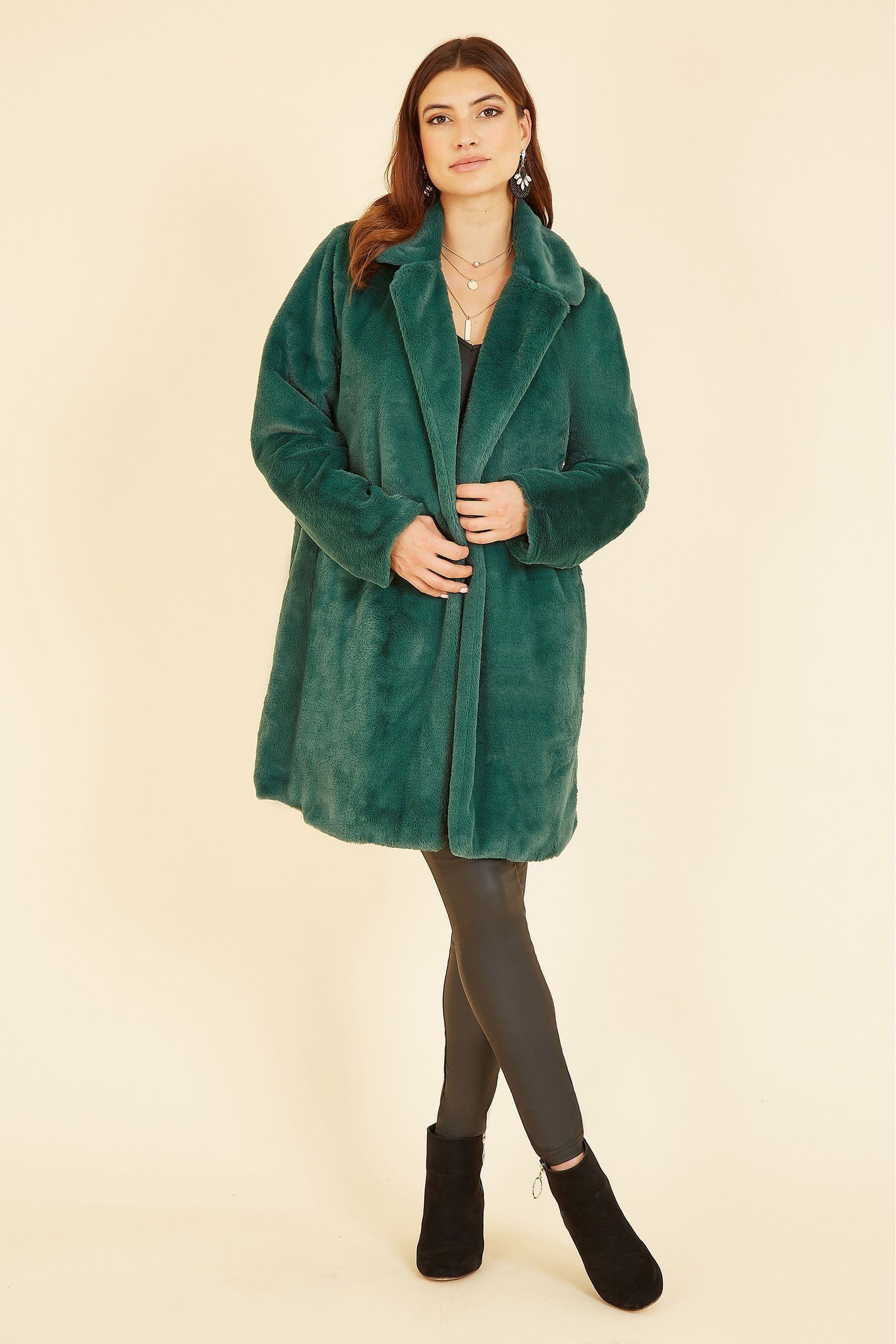 Yumi Forest Green Faux Fur Coat