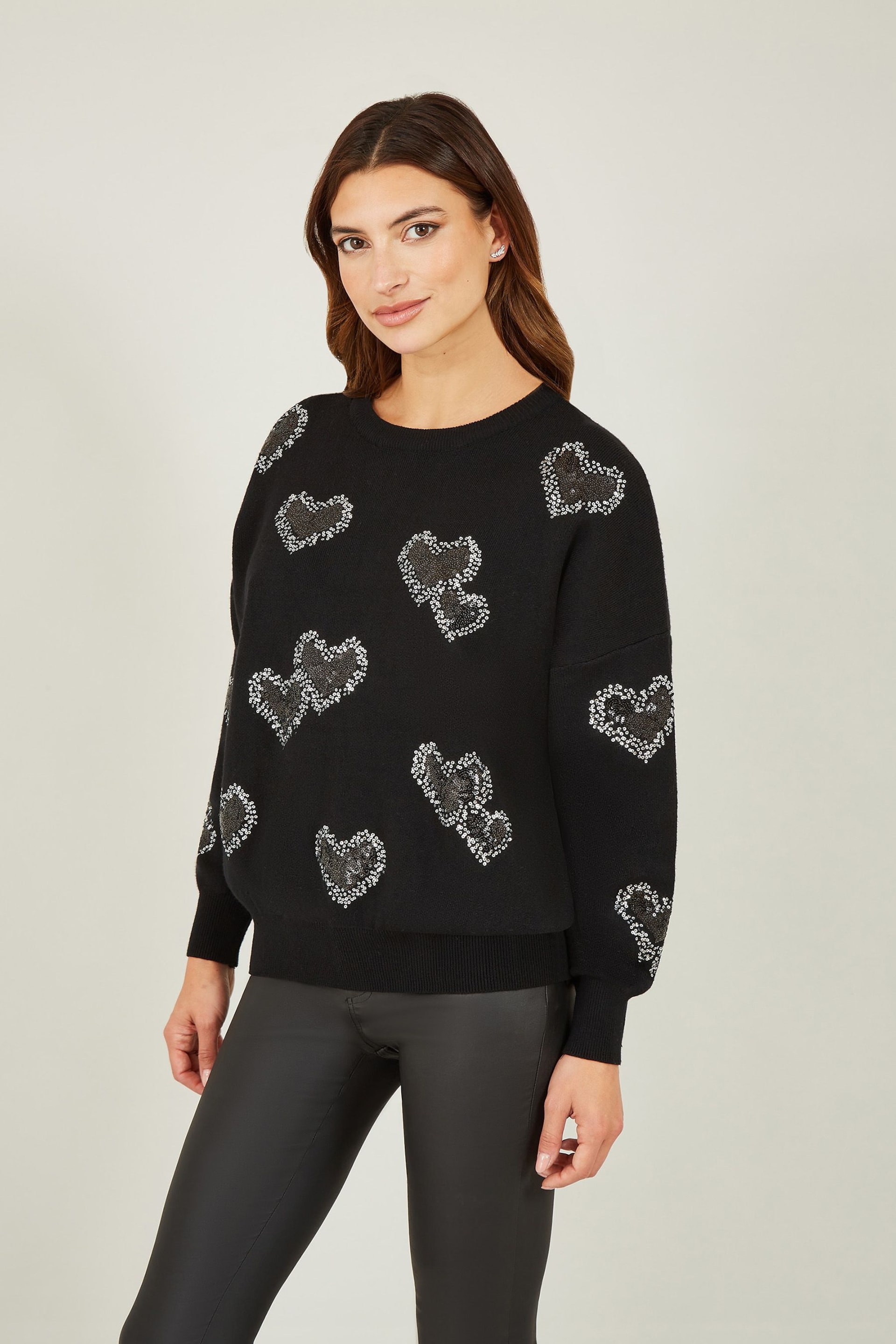 Yumi Black Sequin Heart Relaxed Jumper - Image 1 of 3