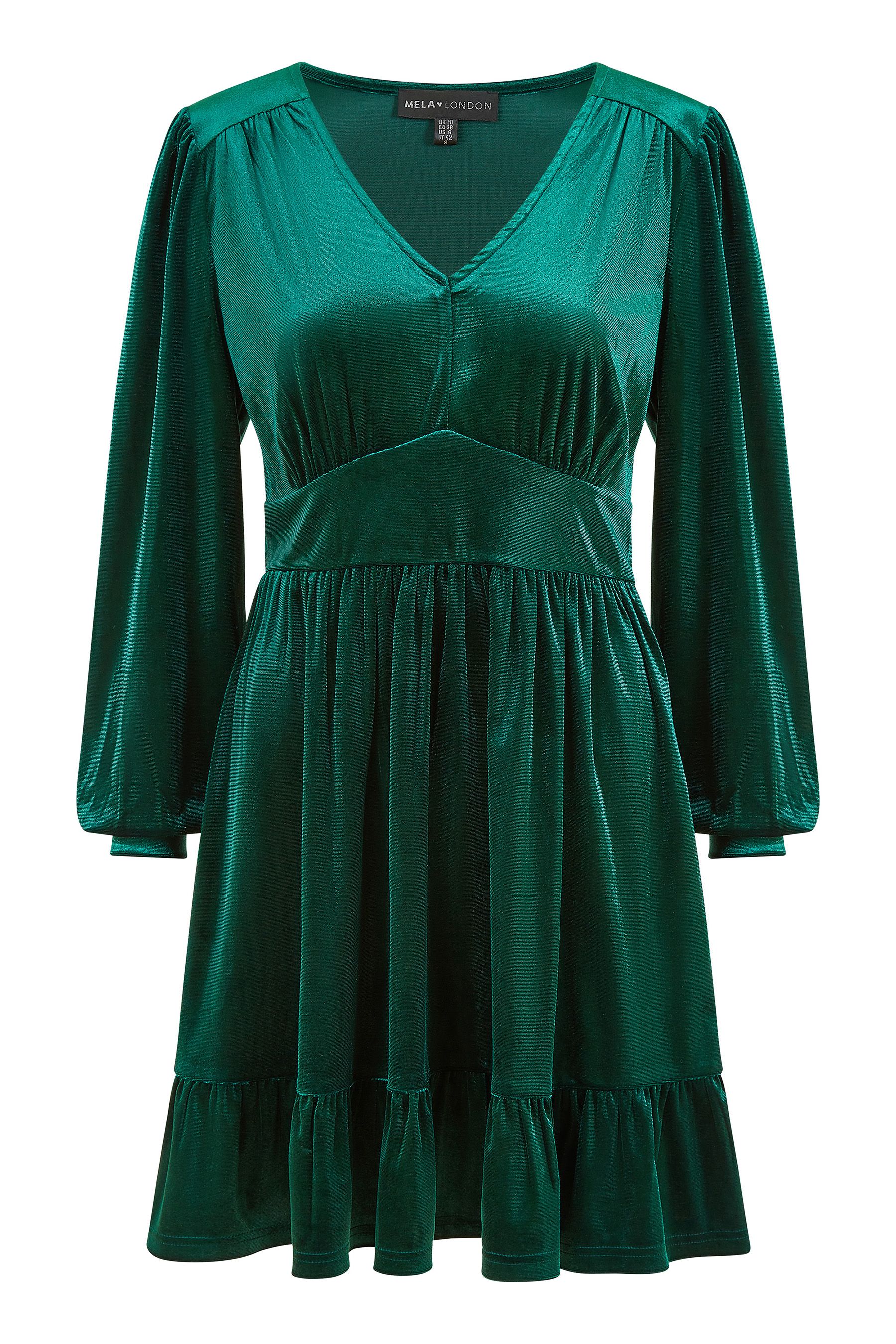 Buy Mela Green Velvet Long Sleeve Skater Dress from Next Luxembourg