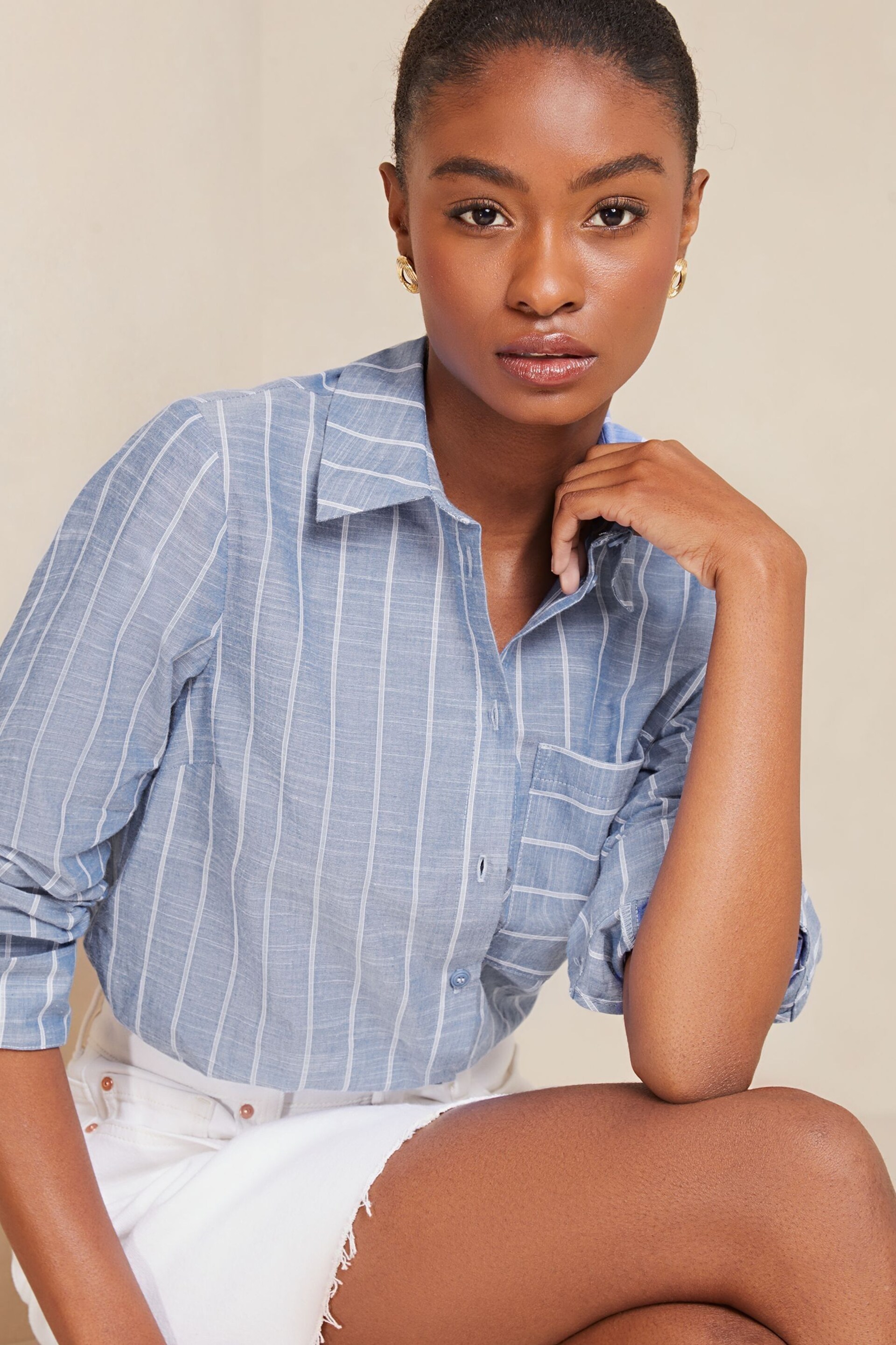 Lipsy Blue Stripe Collared Button Through Shirt - Image 1 of 4