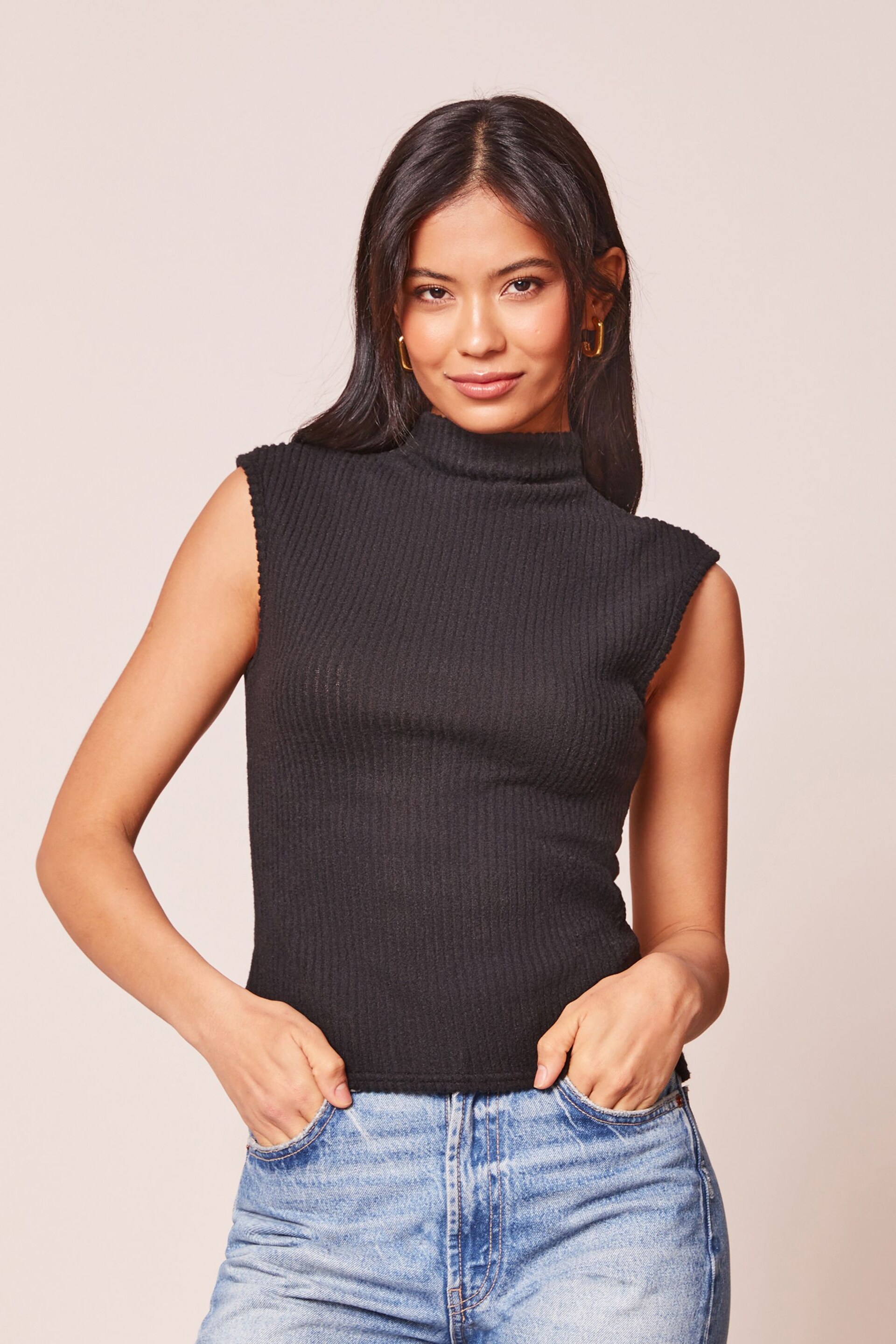 Lipsy Black Cosy High Neck Knitted Vest Top - Image 1 of 4