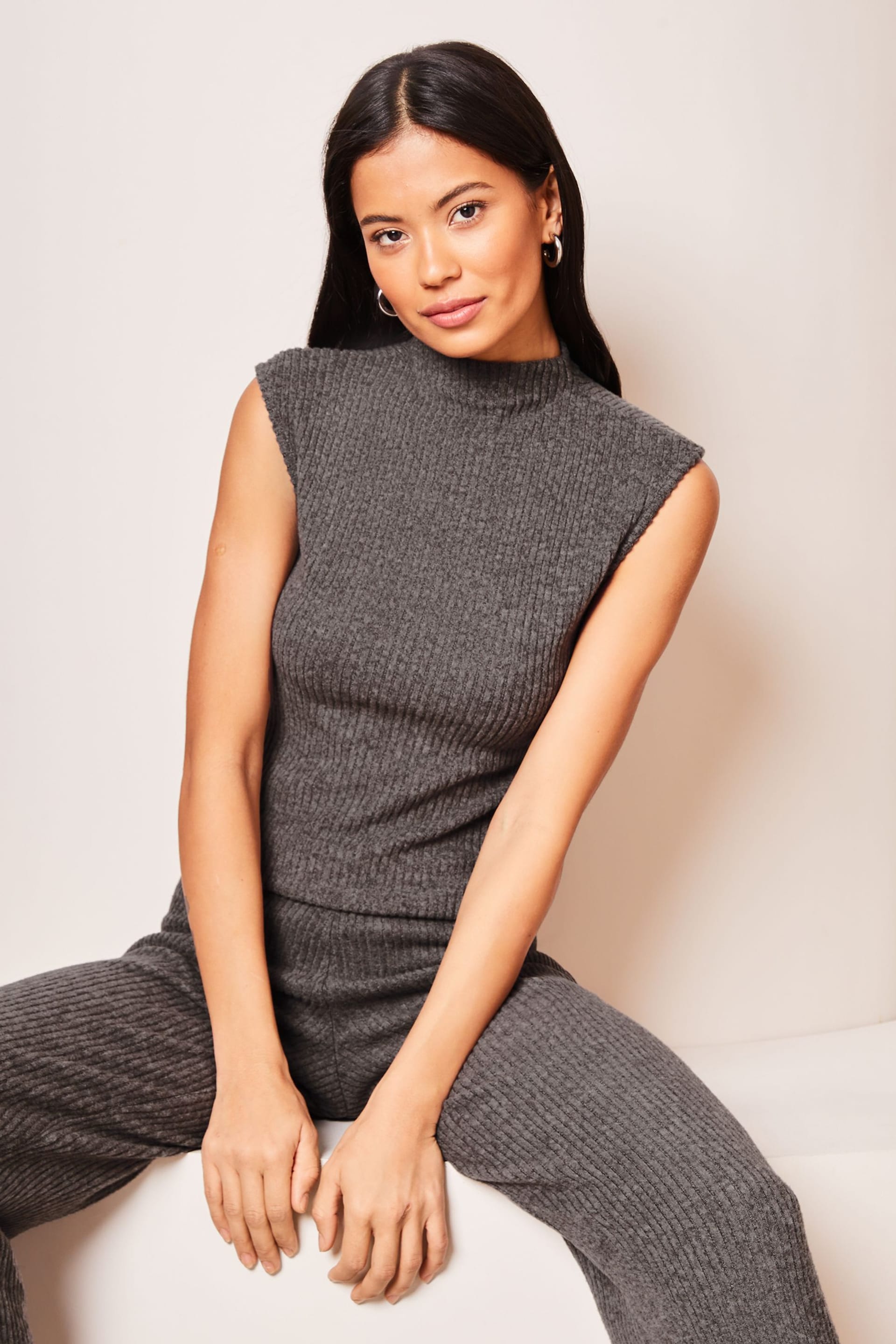 Lipsy Grey Cosy High Neck Knitted Vest Top - Image 1 of 4