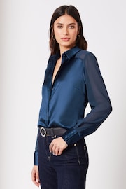 Lipsy Navy Blue Satin Sleeve Button Through Shirt - Image 1 of 4