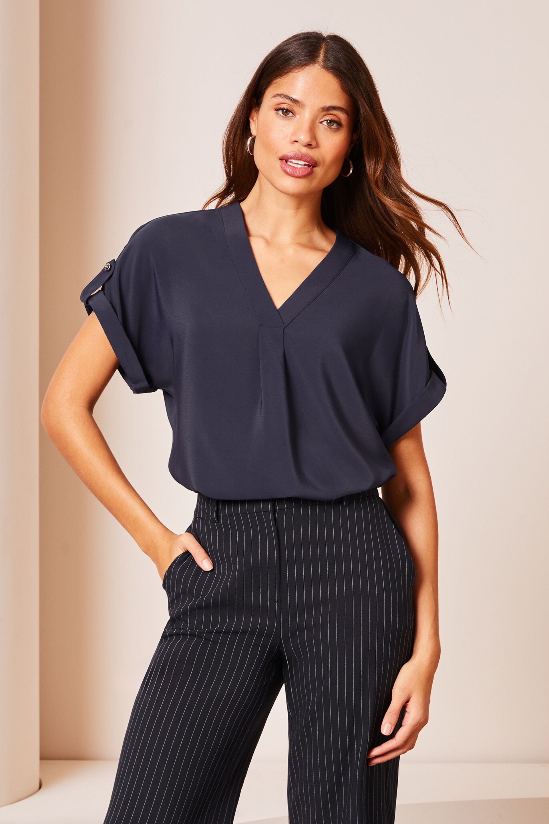 Lipsy Navy Blue Utility V Neck Shorts Roll Sleeve Top - Image 1 of 4