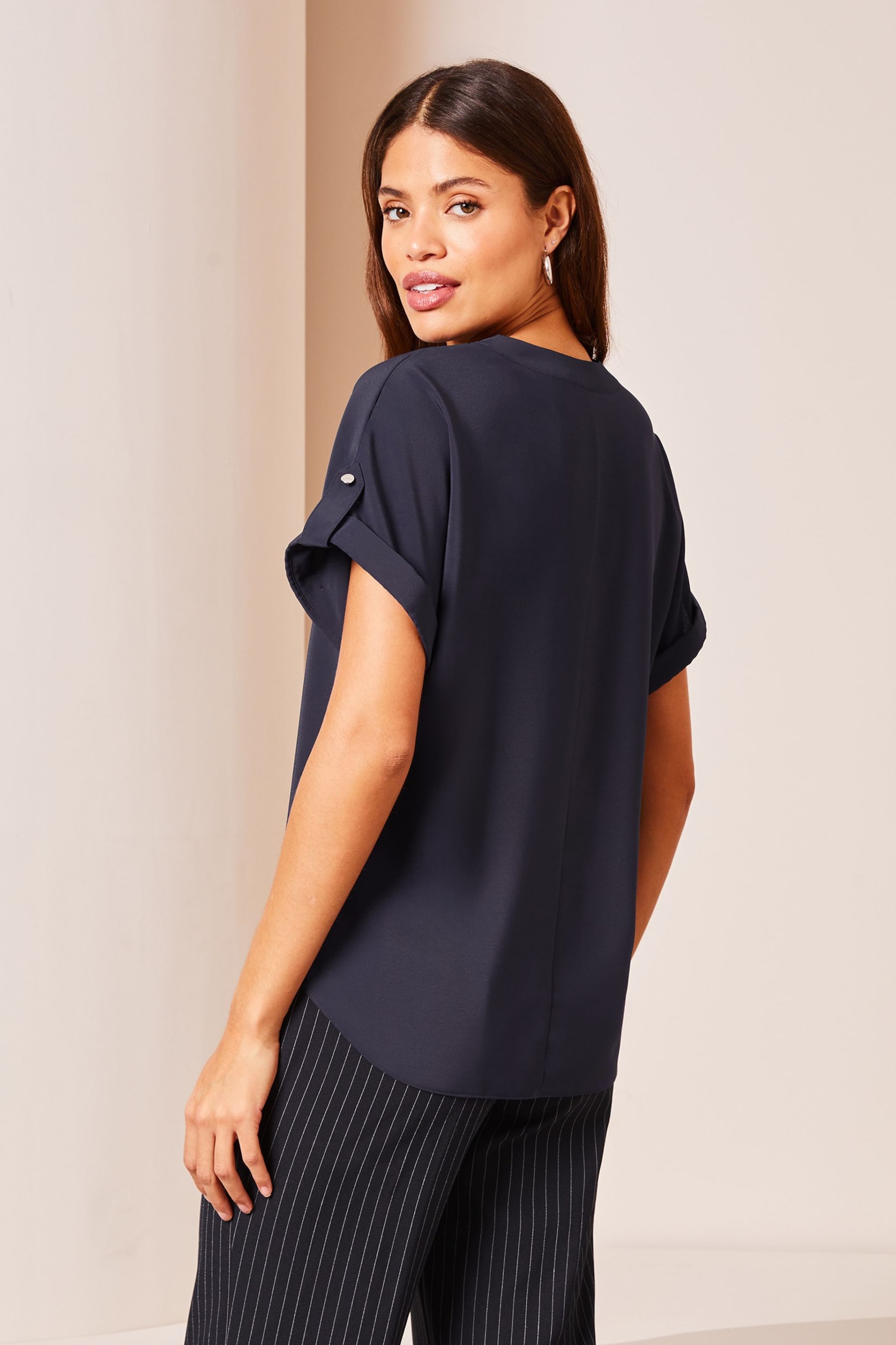 Lipsy Navy Blue Utility V Neck Shorts Roll Sleeve Top - Image 2 of 4