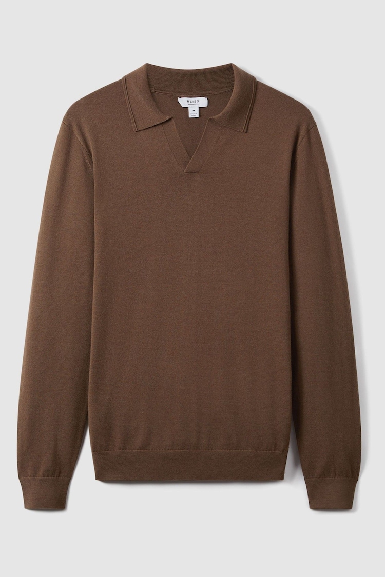 Reiss Pecan Brown Milburn Merino Wool Open Collar Polo Shirt - Image 2 of 6