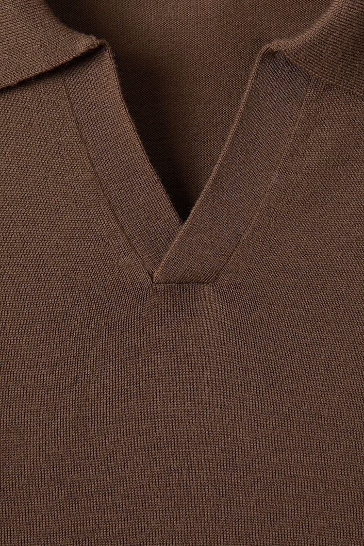 Reiss Pecan Brown Milburn Merino Wool Open-Collar Polo Shirt - Image 6 of 6