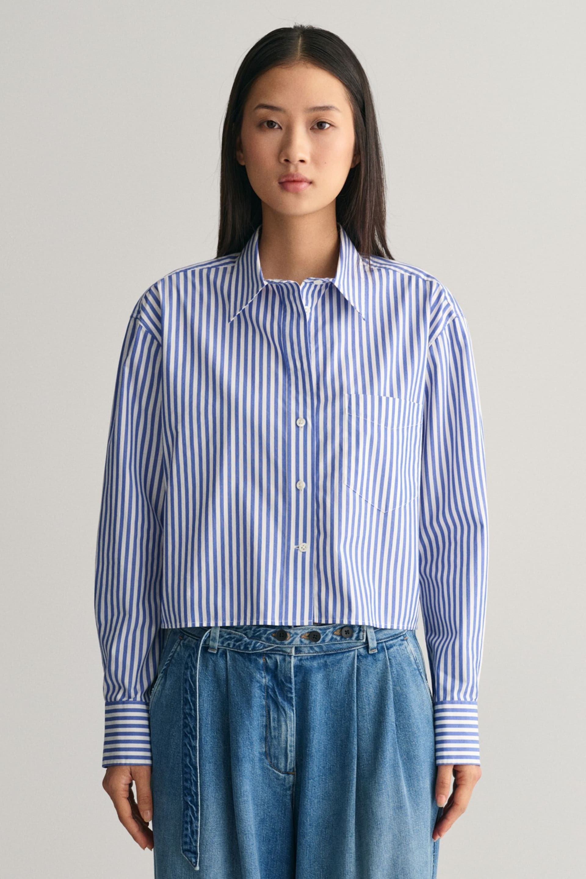 GANT Blue Relaxed Fit Cropped Striped Shirt - Image 1 of 8