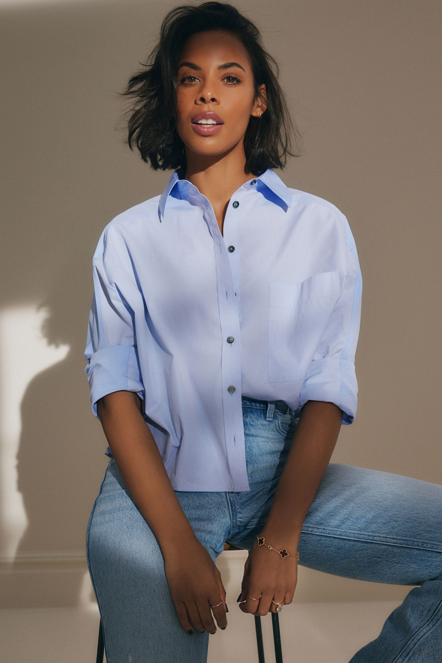 Buy Blue Contrast Long Sleeve Cotton Cropped Shirt from Next Luxembourg