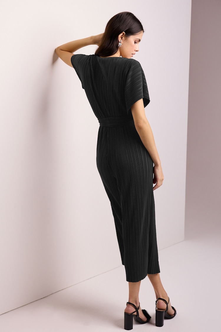 Black Plisse Short Sleeve V-Neck Wide Leg Belted Jumpsuit - Image 2 of 5