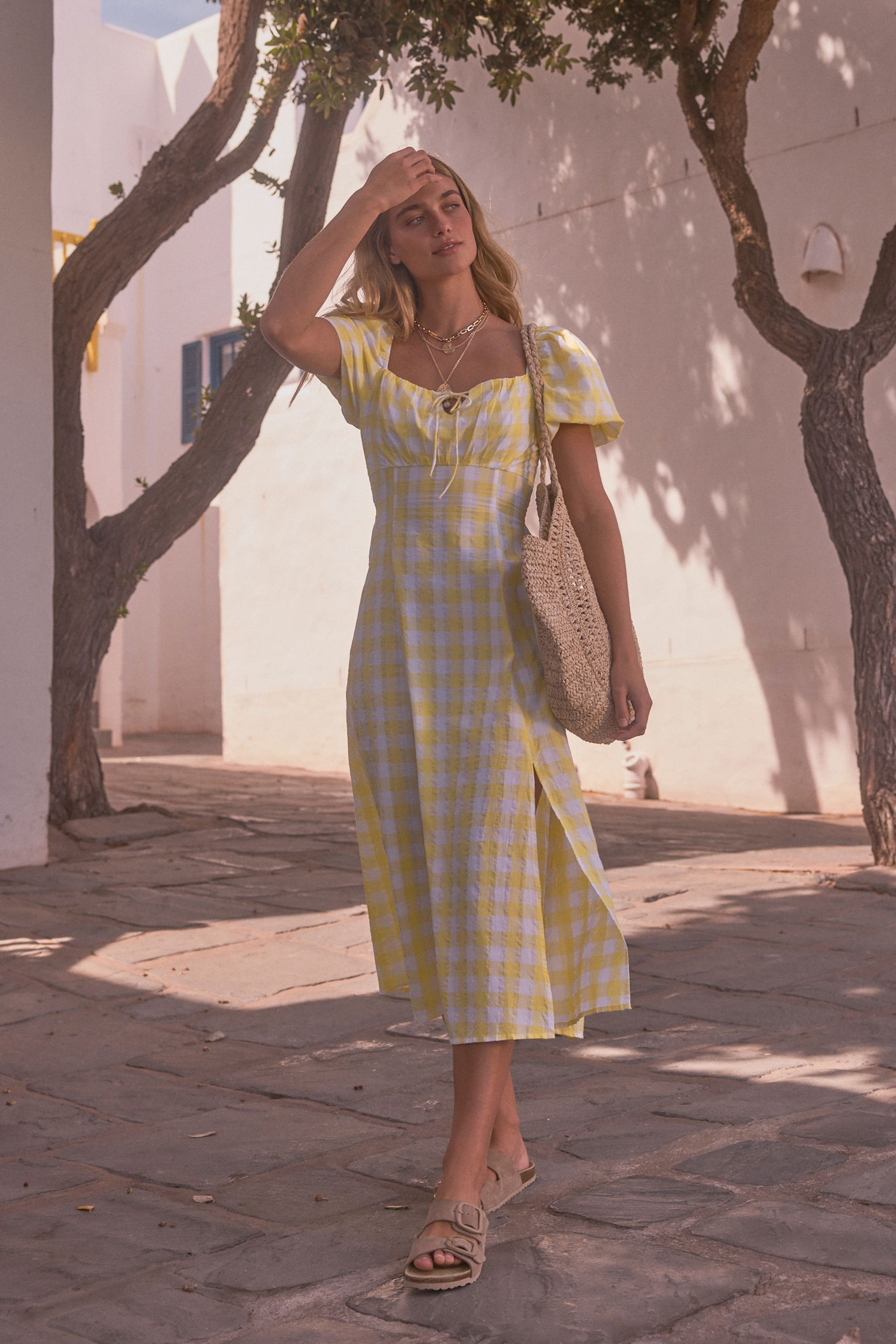 NEXT Yellow White Gingham Puff Sleeve Midi Dress 8 Womens