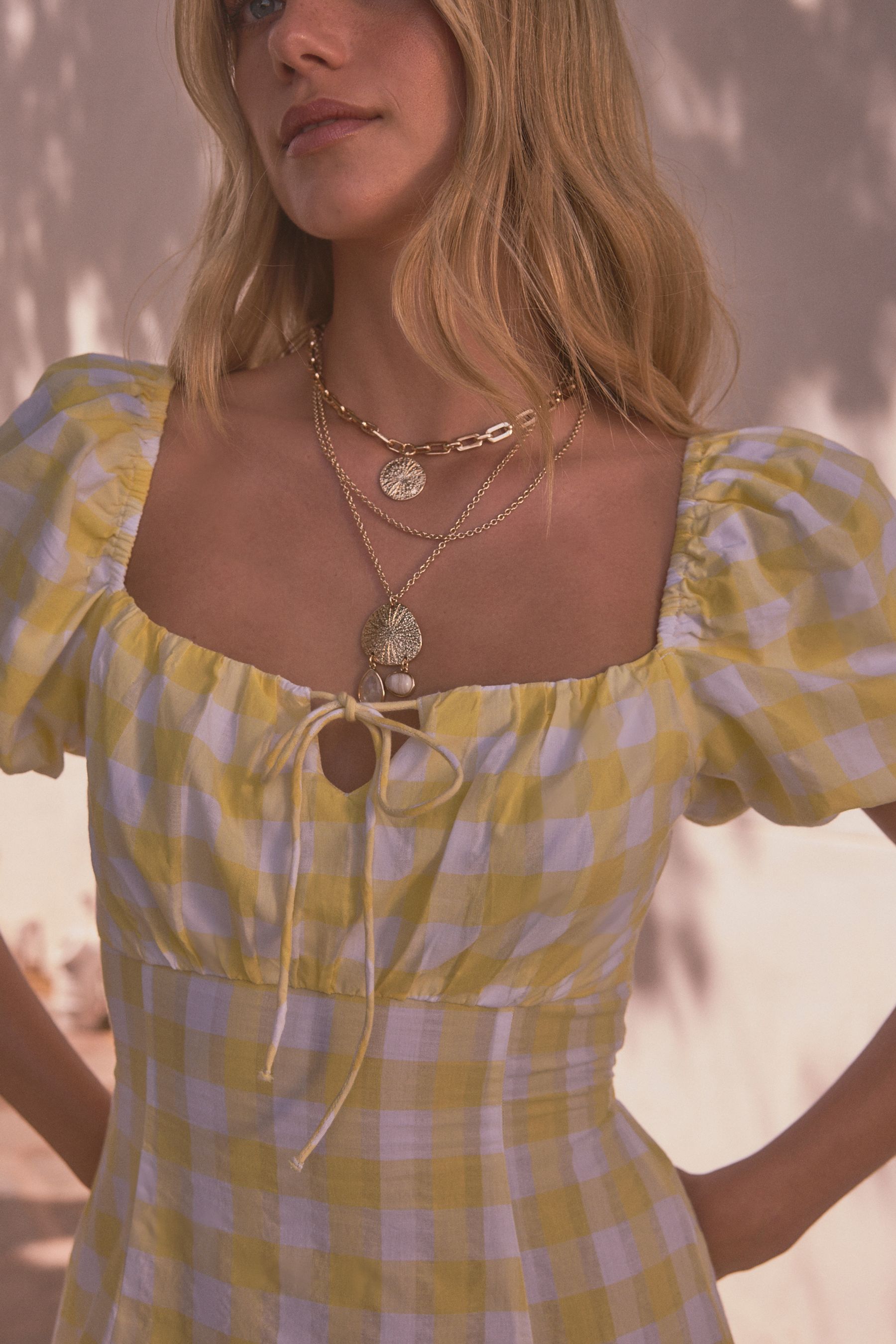 Buy Yellow White Gingham Puff Sleeve Midi Dress from Next Luxembourg