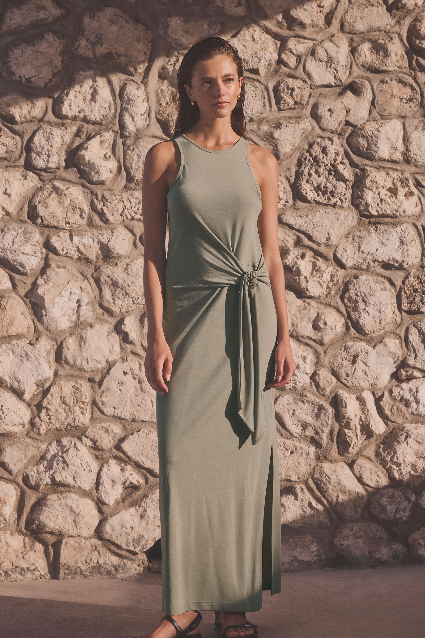 Buy Khaki Green Tieside Sleeveless Jersey Maxi Dress from Next Luxembourg