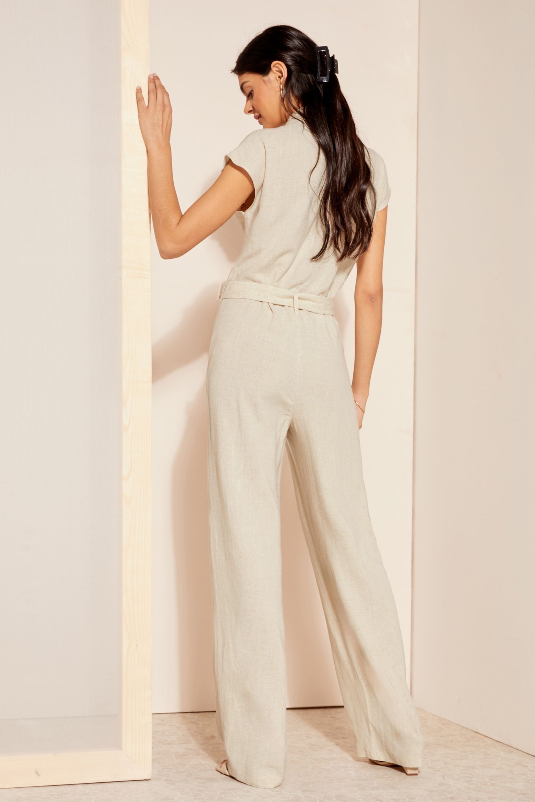 Buy Friends Like These Cream Petite Short Sleeve Button Through Tailored Jumpsuit with Linen from the Next UK online shop