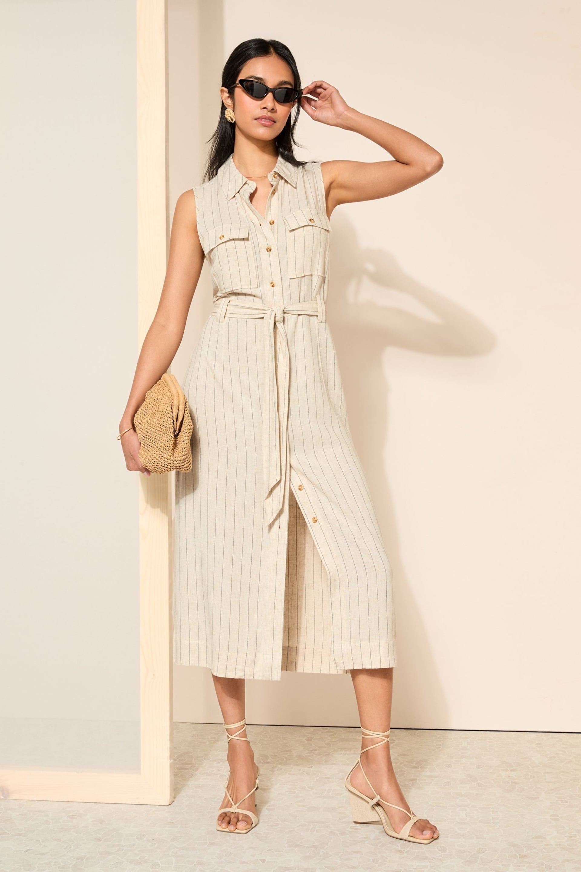 Friends Like These Nude Stripe Sleeveless Utility Dress with Pocket Detail - Image 3 of 4