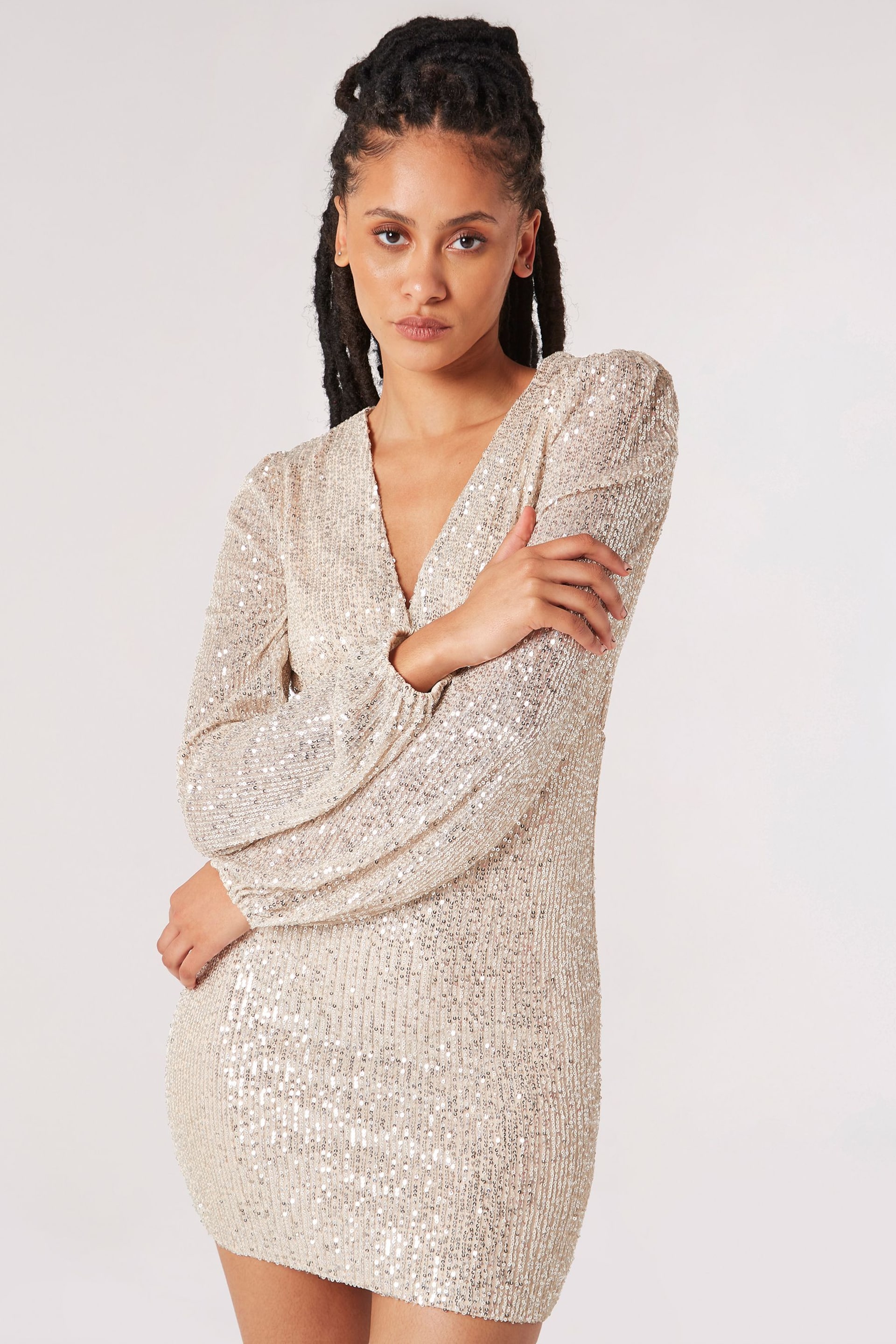 Apricot Natural Sequin X-Over Bodycon Dress - Image 1 of 4