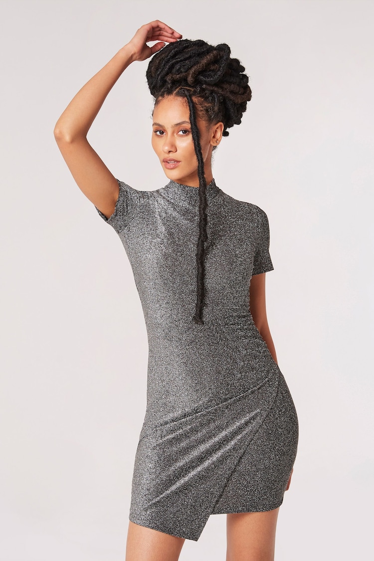 Apricot Silver Sparkle Side Ruched Wrap Dress - Image 1 of 5