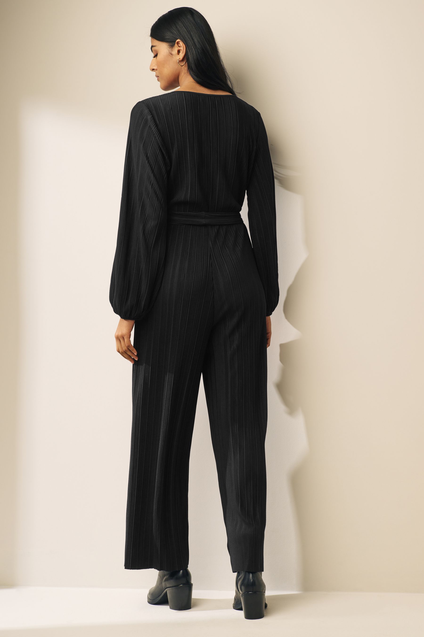 Black Long Sleeve Plisse Jumpsuit