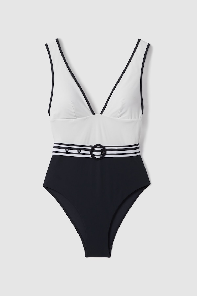 Reiss White/Navy Willow Colourblock Belted Swimsuit - Image 2 of 5