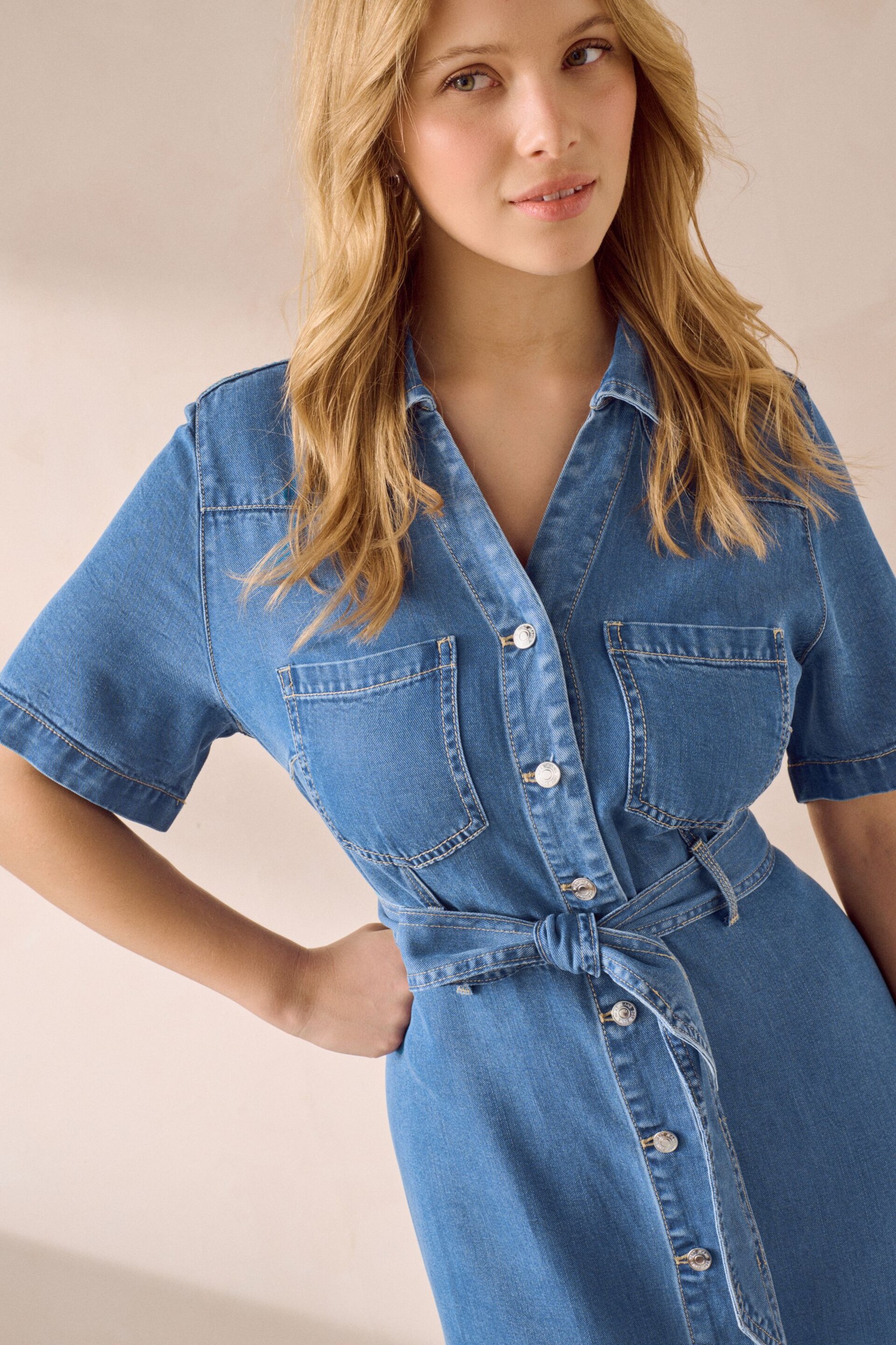 Mid Blue Fuller Bust Button Through Denim Summer Dress - Image 3 of 5