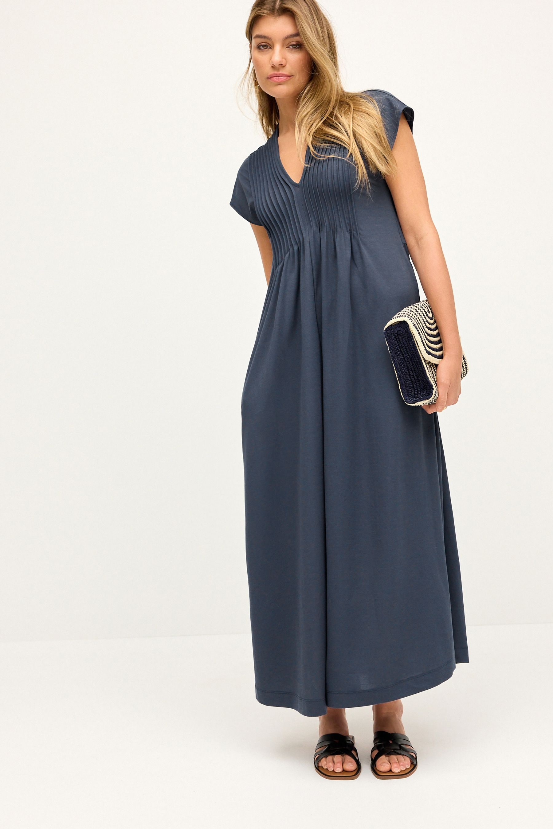 Buy Navy Blue Short Sleeve Pintuck Maxi Dress from Next Lithuania