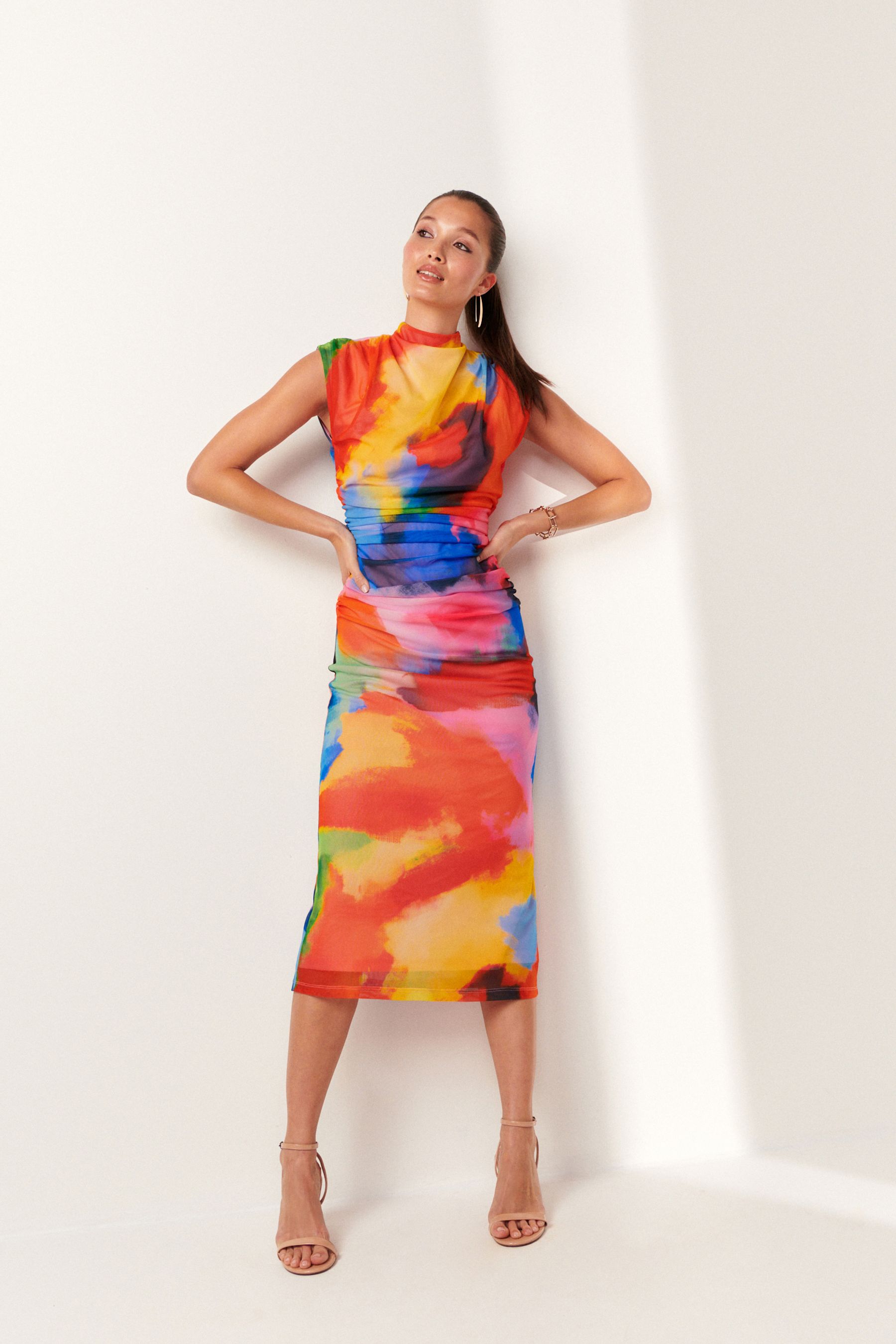 Buy Multicoloured Brights High Neck Mesh Midi Dress from Next Luxembourg