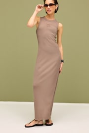 Taupe Neutral Sleeveless Racer Neck Ribbed Maxi Dress - Image 1 of 3