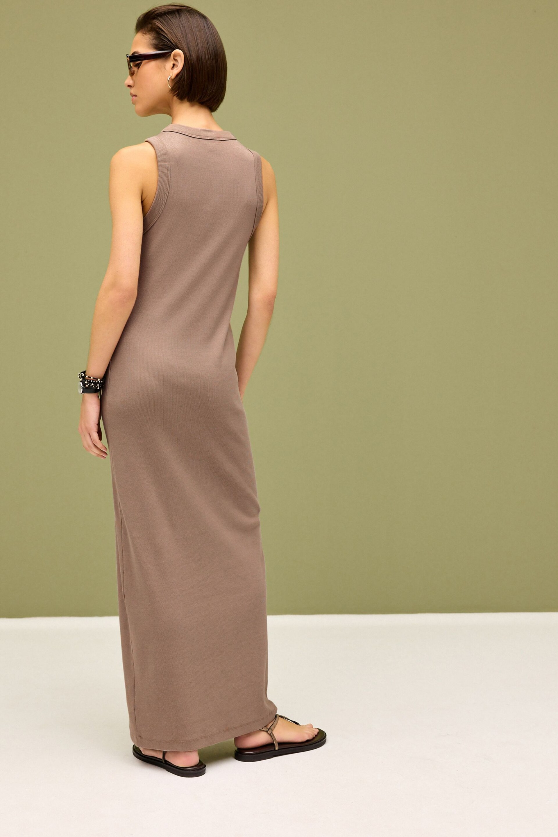 Taupe Neutral Sleeveless Racer Neck Ribbed Maxi Dress - Image 2 of 3