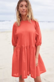 Coral Pink Puff Sleeve Mini Jersey Dress - Image 1 of 5