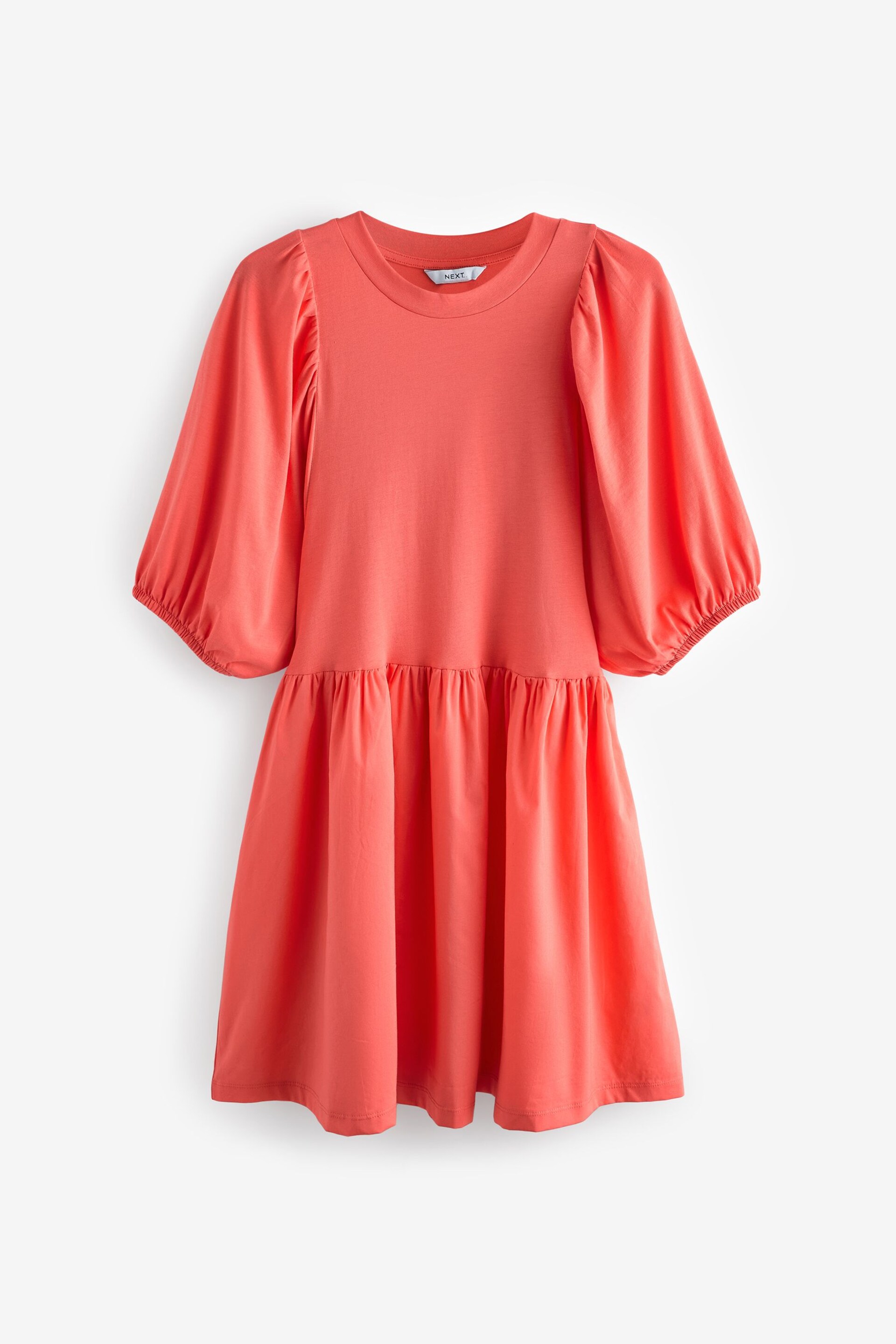 Coral Pink Puff Sleeve Mini Jersey Dress - Image 4 of 5