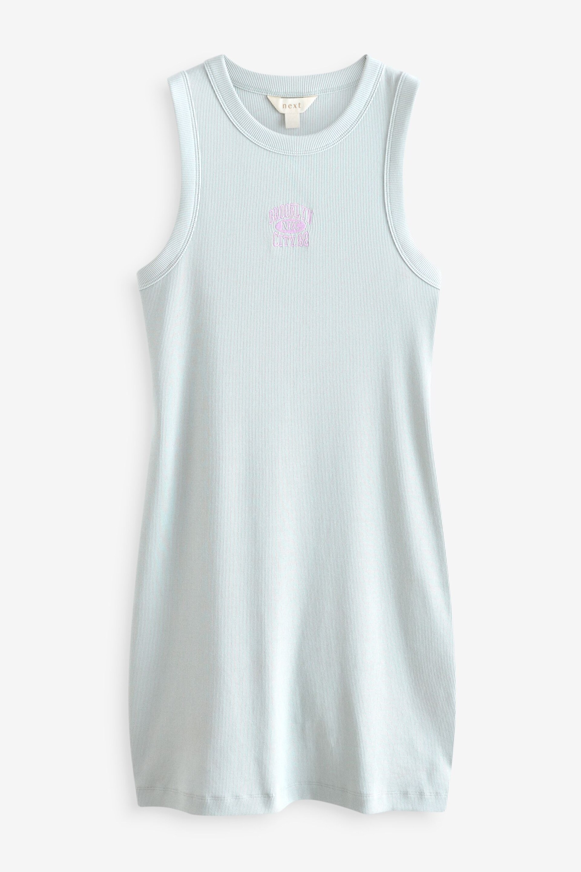 Light Baby Blue Embroidered Graphic Ribbed Mini Dress - Image 5 of 6