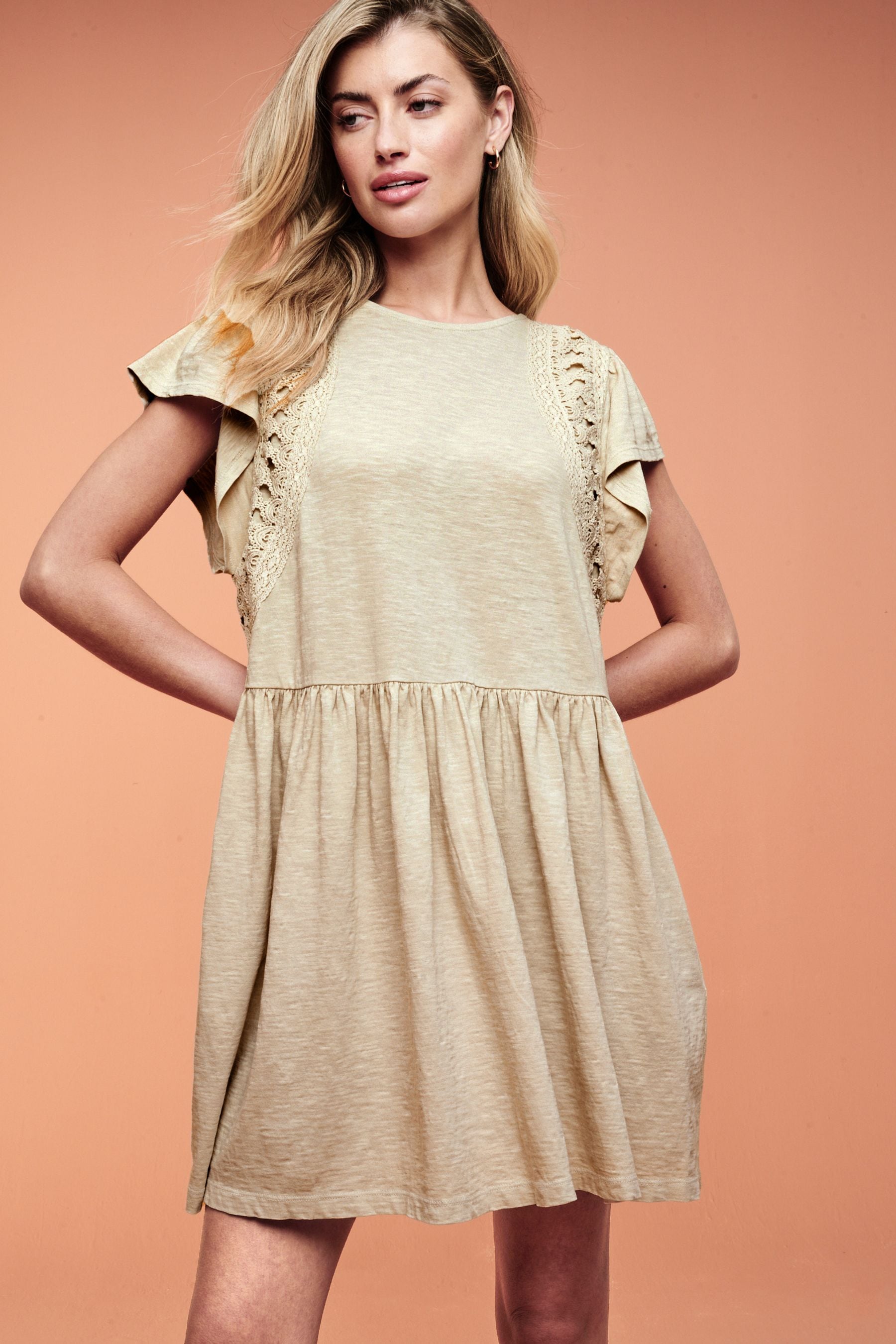 Buy Cream Crochet Trim Short Sleeve Mini Dress from Next Luxembourg