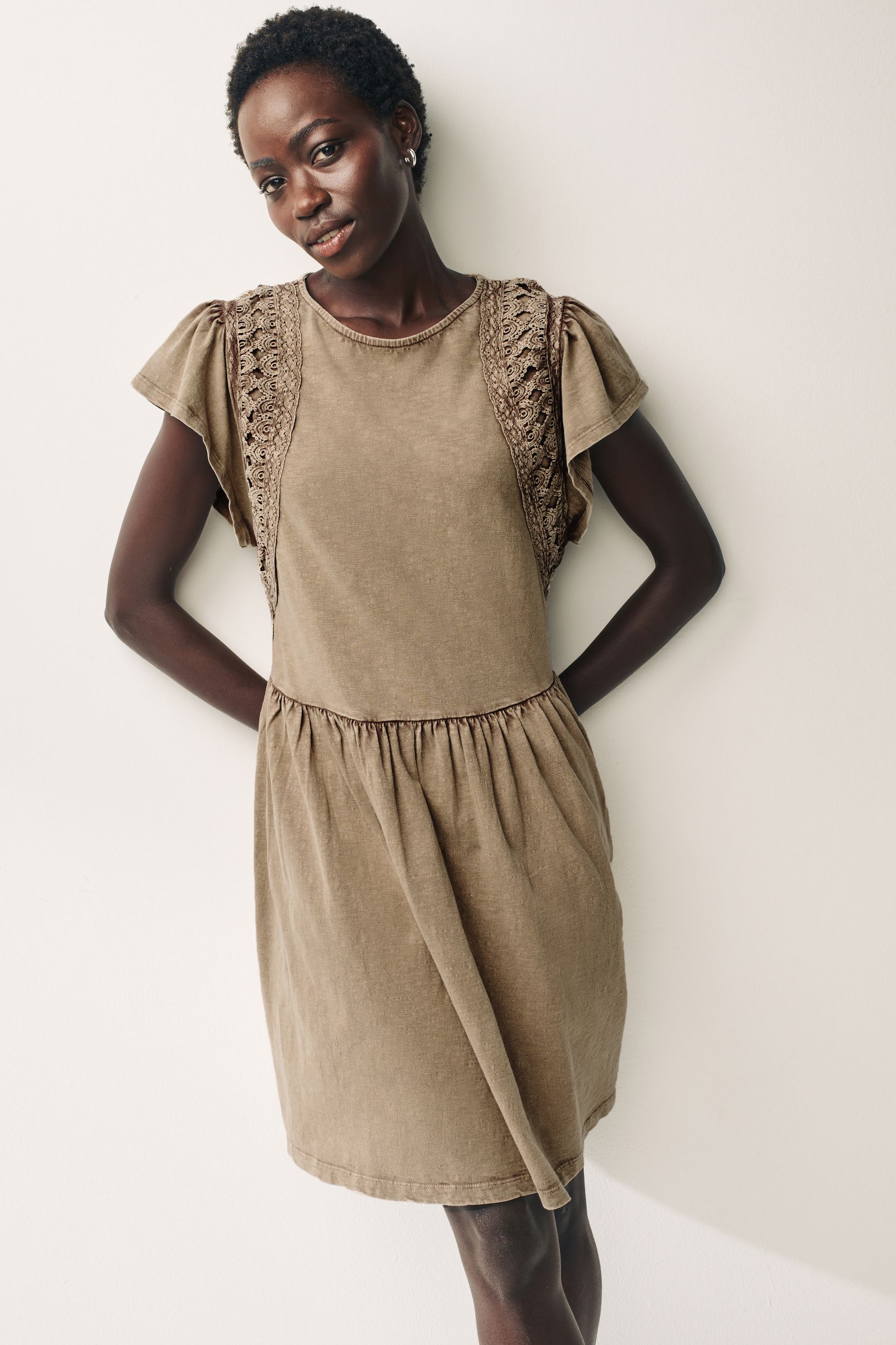 Buy Washed Brown Crochet Trim Short Sleeve Mini Dress from Next Luxembourg