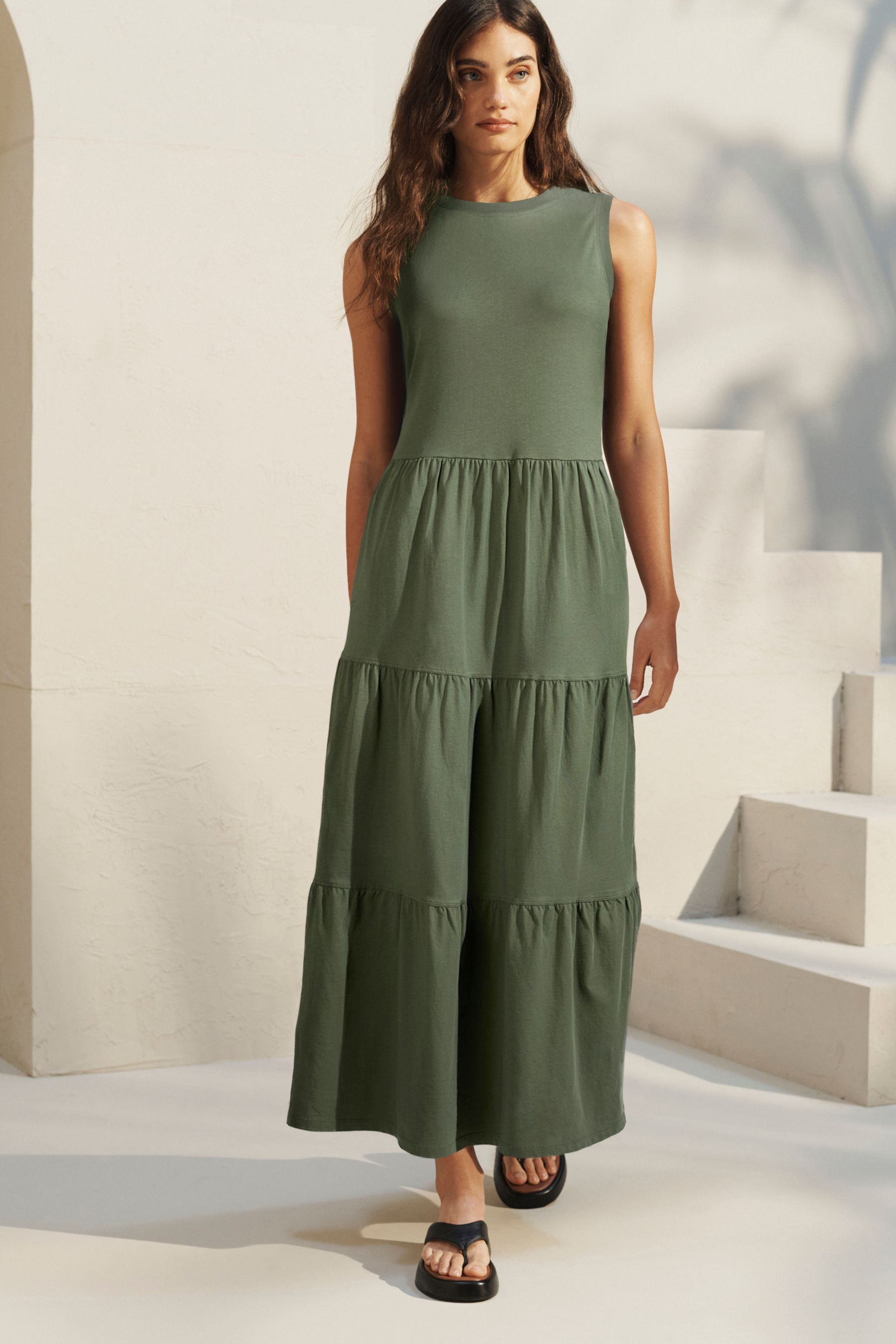 Buy Khaki Green Sleeveless Crew Neck Tiered Summer Maxi Jersey Dress from Next Luxembourg