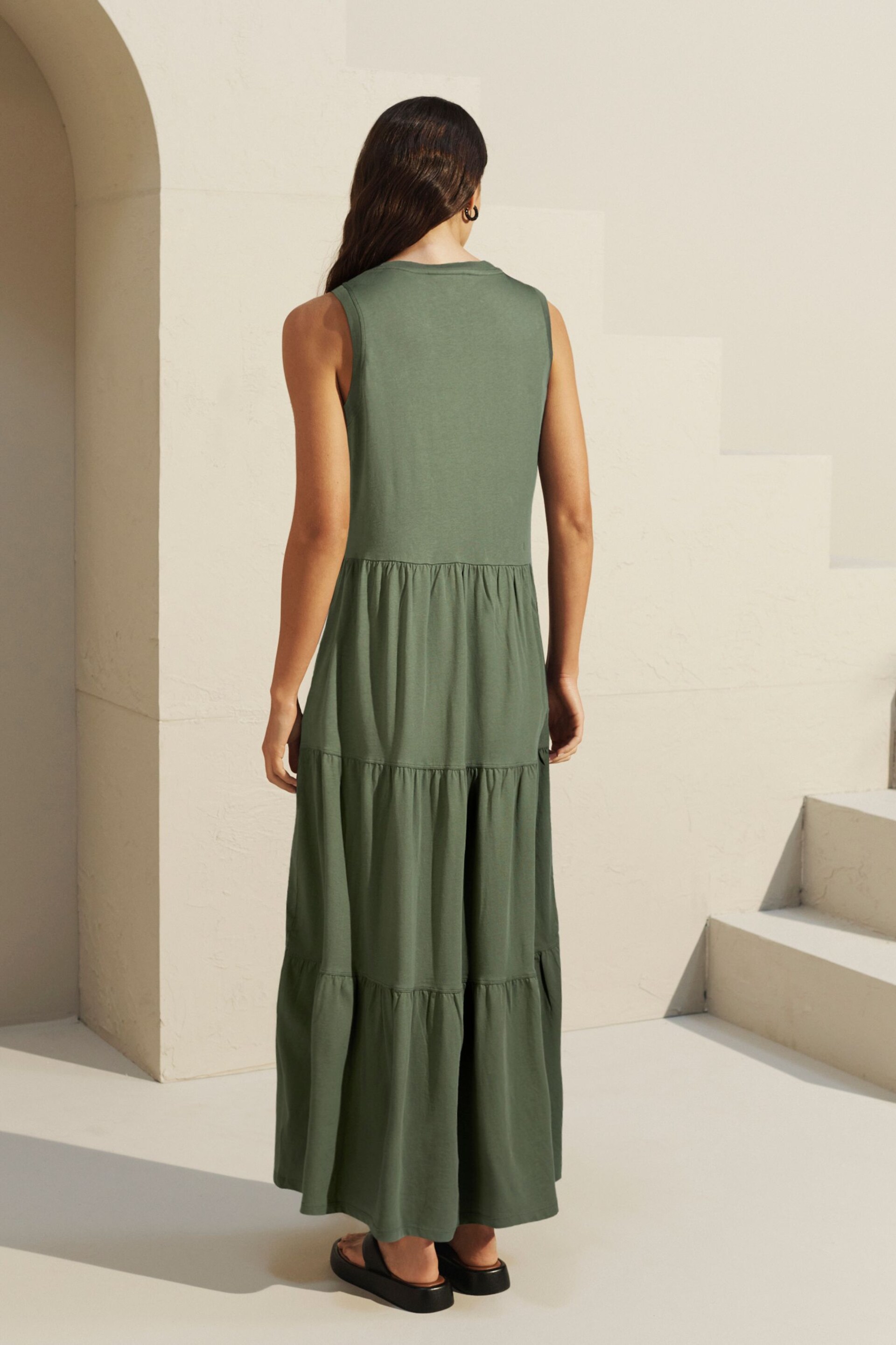 Khaki Green Sleeveless Crew Neck Tiered Summer Maxi Jersey Dress - Image 3 of 4