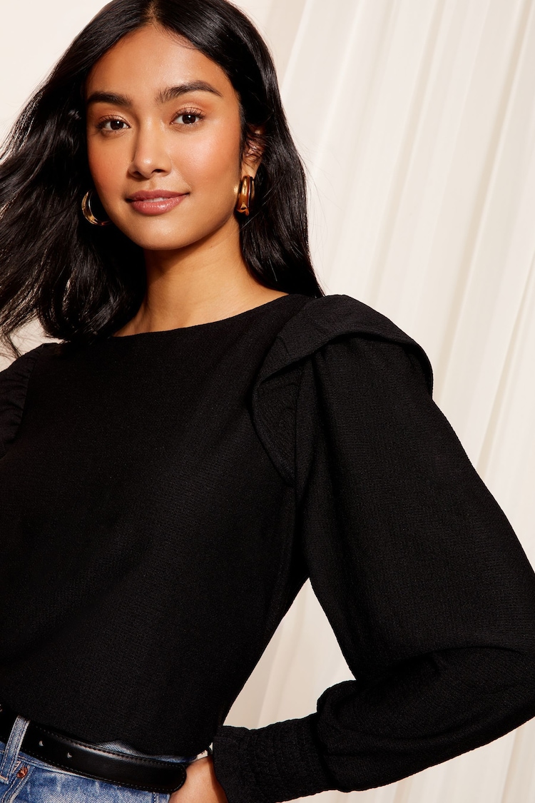 Friends Like These Black Long Sleeve Ruffle Detail Textured Jersey Blouse - Image 2 of 4