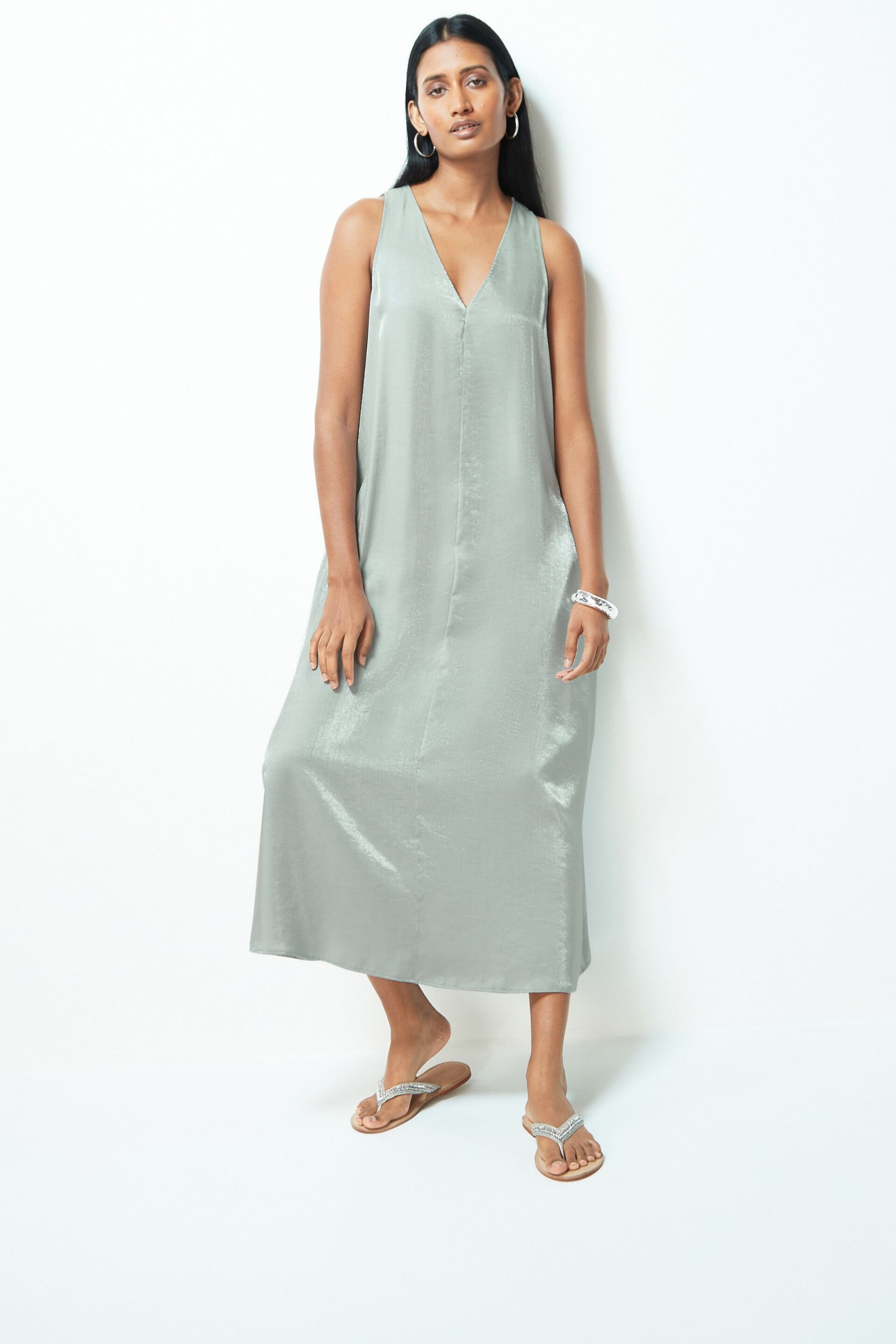 Silver Sleeveless Column V-Neck Midi Dress - Image 1 of 12